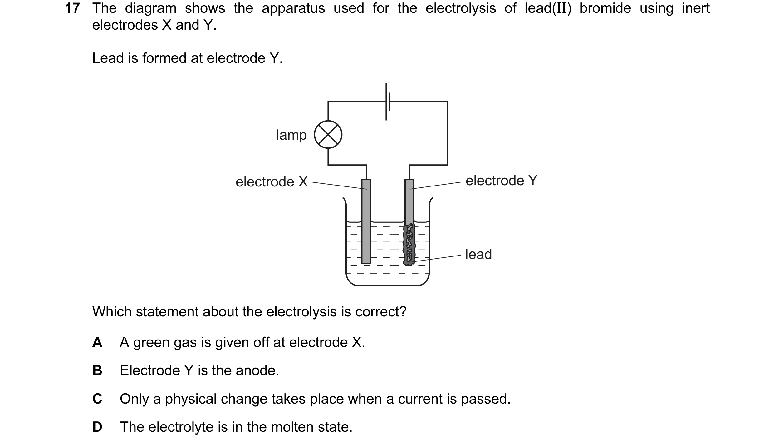 Question 48: The diagram shows the apparatus used for the electrolysis of lead(II) bromide using inert electrodes X and Y. Lead is formed at electrode Y…