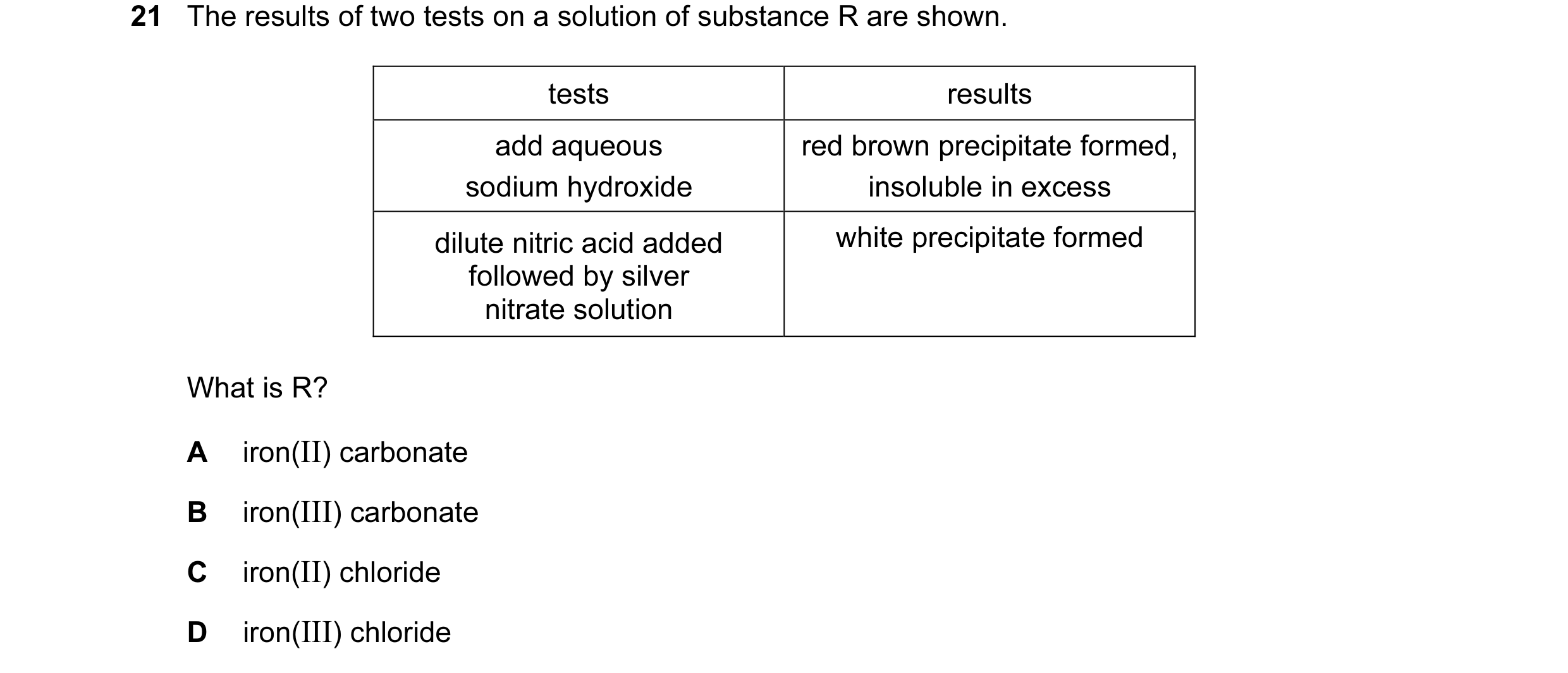Question 38: The results of two tests on a solution of substance R are shown. tests results add aqueous red brown precipitate formed, sodium hydroxide i…