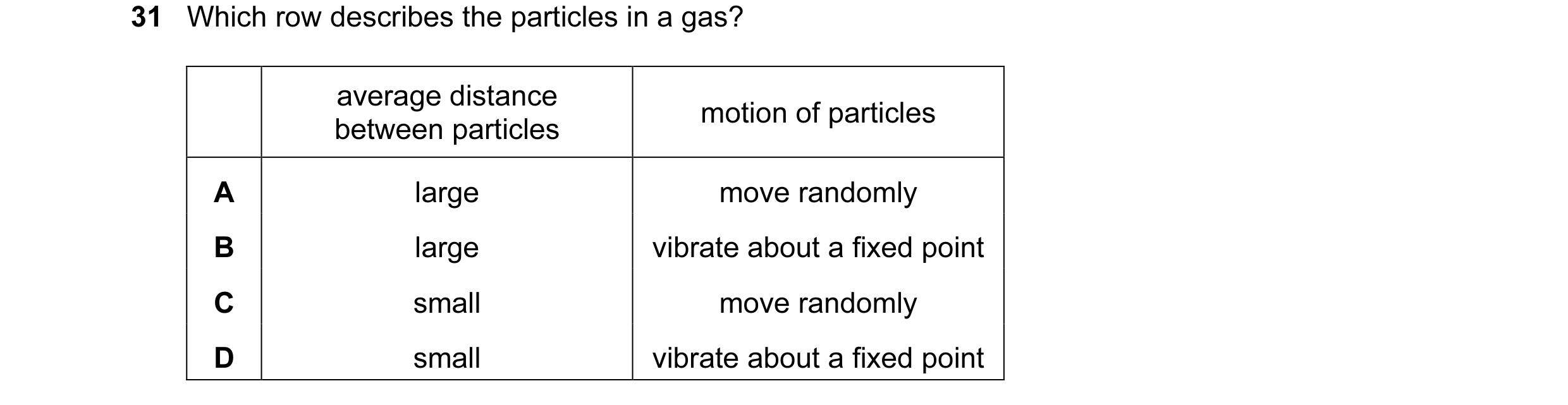 Question 32: Which row describes the particles in a gas? average distance motion of particles between particles A large move randomly B large vibrate ab…