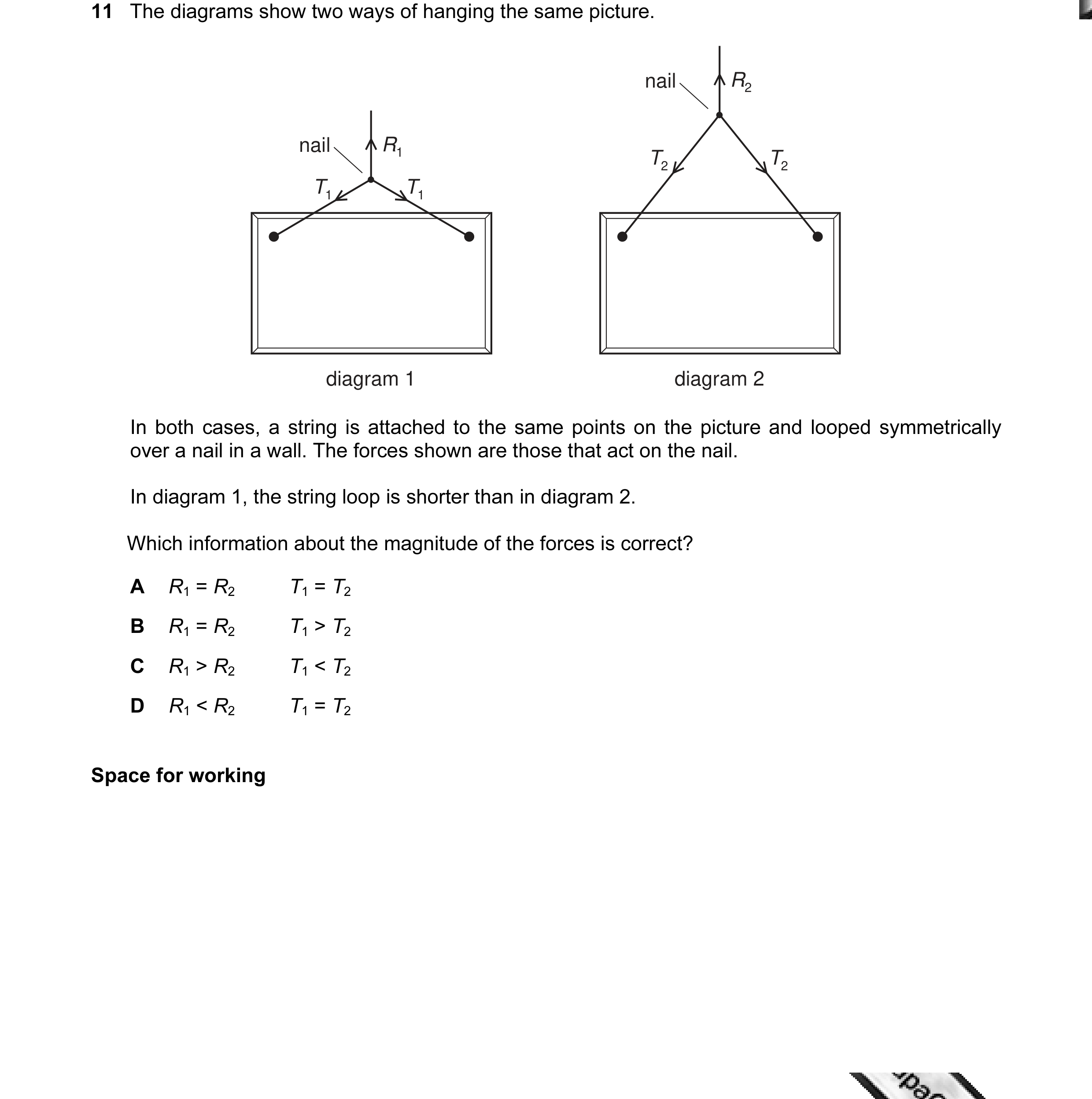 Question 12: The diagrams show two ways of hanging the same picture. nail R2 nail R1 T2 T2 T1 T1 diagram 1 diagram 2 In both cases, a string is attached…