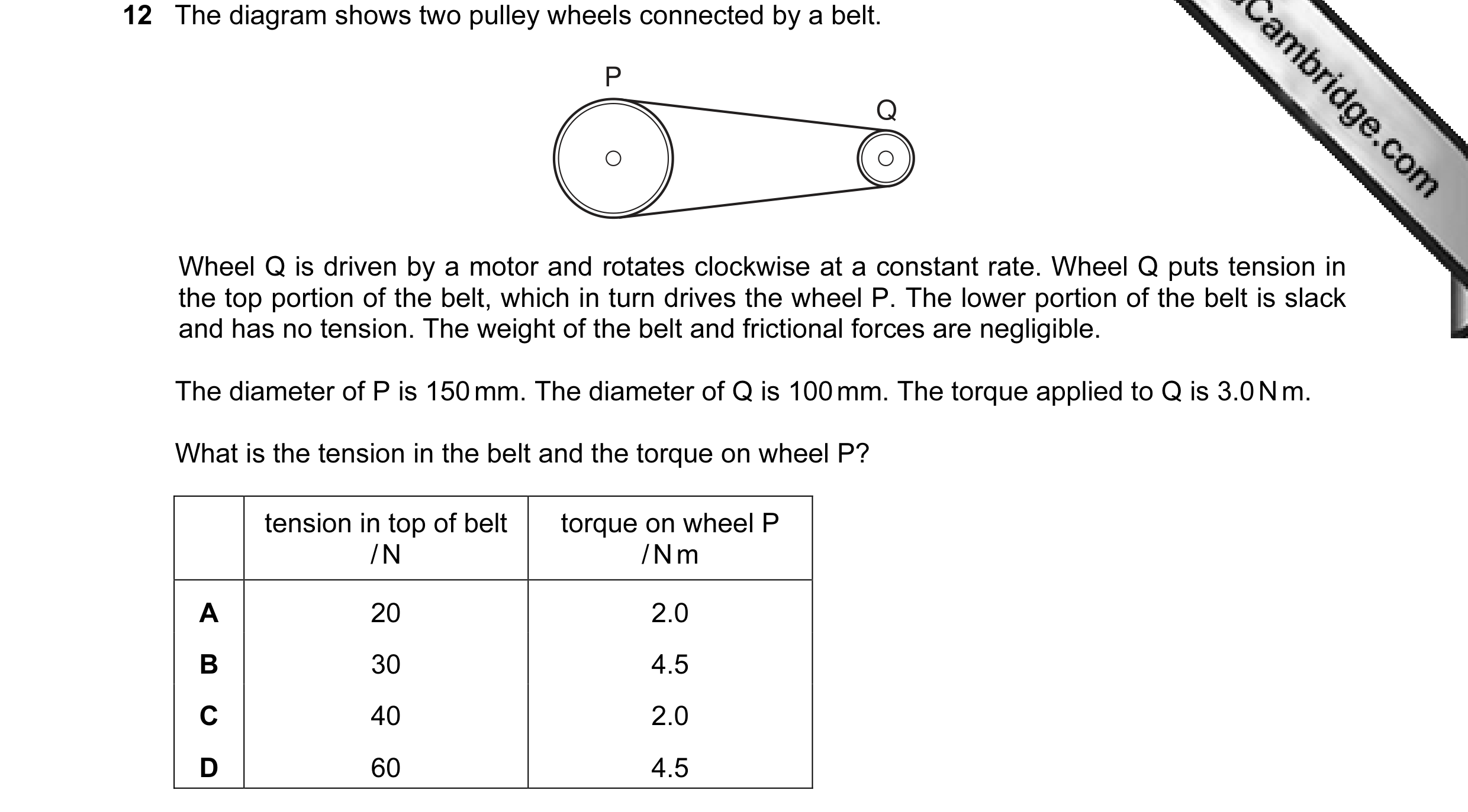 Question 14: The diagram shows two pulley wheels connected by a belt. P Q Wheel Q is driven by a motor and rotates clockwise at a constant rate. Wheel Q…