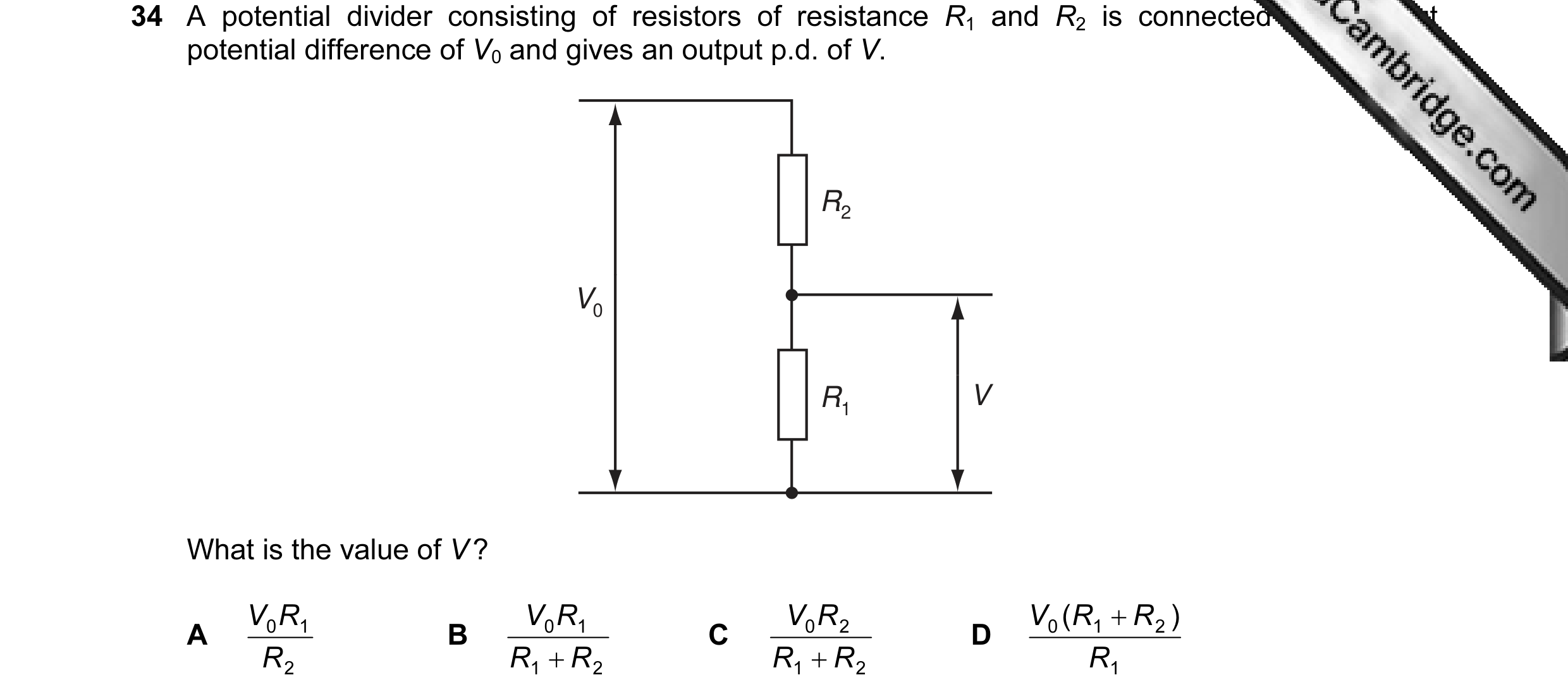 Question 14: A potential divider consisting of resistors of resistance R1 and R2 is connected to an input potential difference of V0 and gives an output…