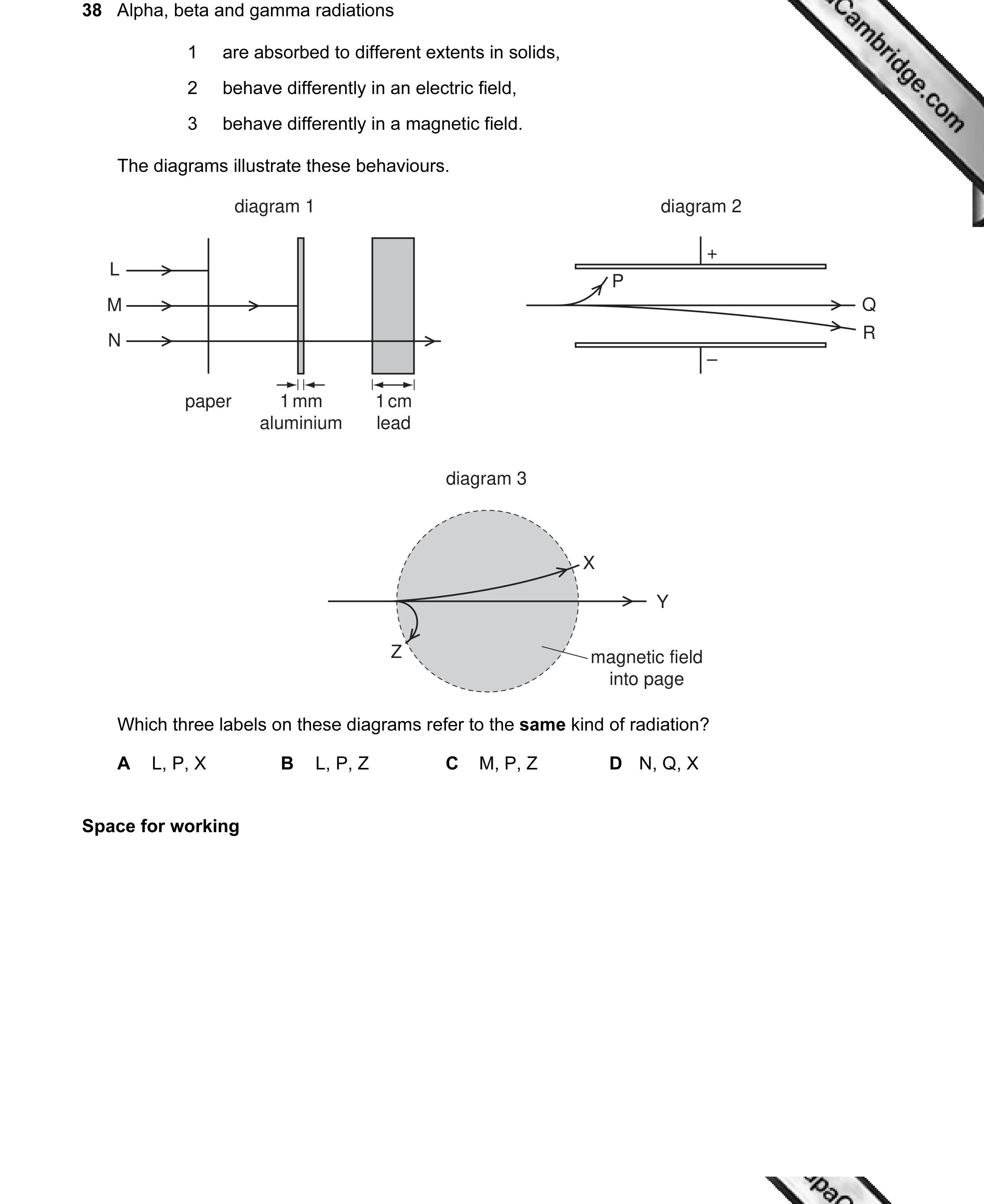 Question 23: Alpha, beta and gamma radiations 1 are absorbed to different extents in solids, 2 behave differently in an electric field, 3 behave differe…