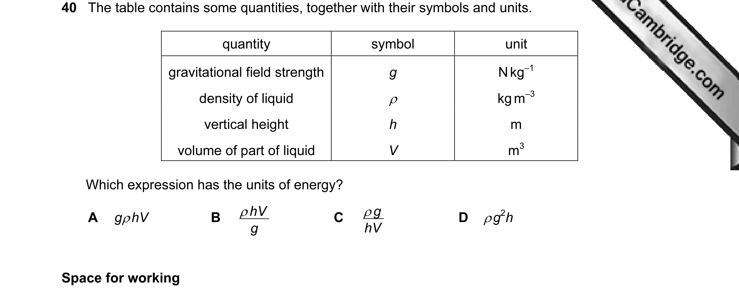 Question 15: The table contains some quantities, together with their symbols and units. quantity symbol unit gravitational field strength g N kg–1 densi…