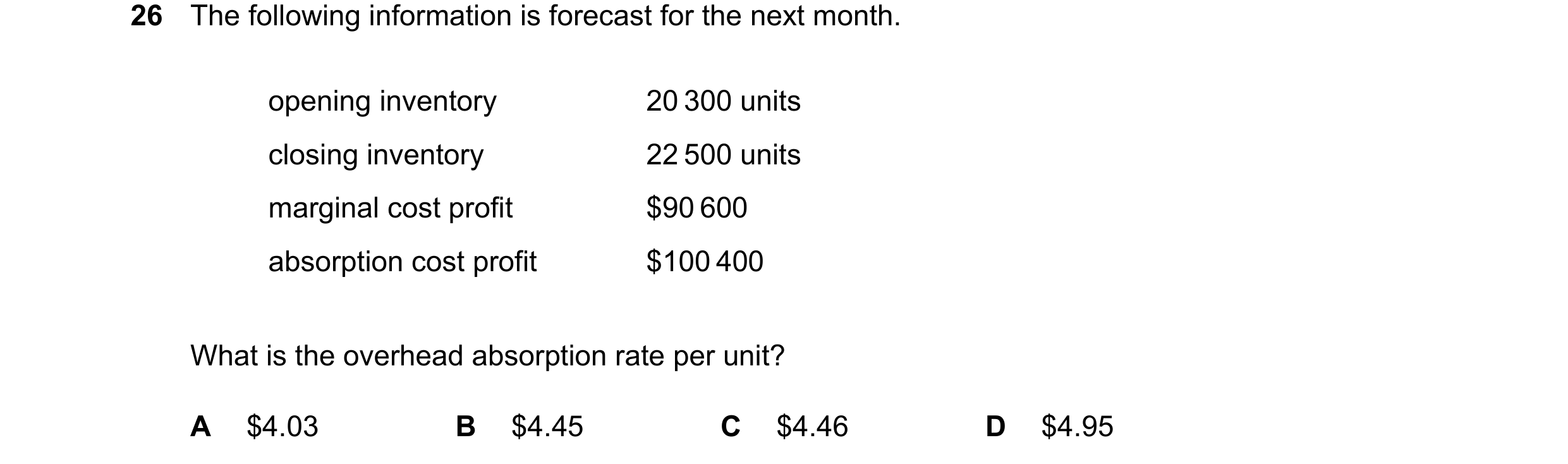 Question 507: The following information is forecast for the next month. opening inventory 20 300 units closing inventory 22 500 units marginal cost profi…