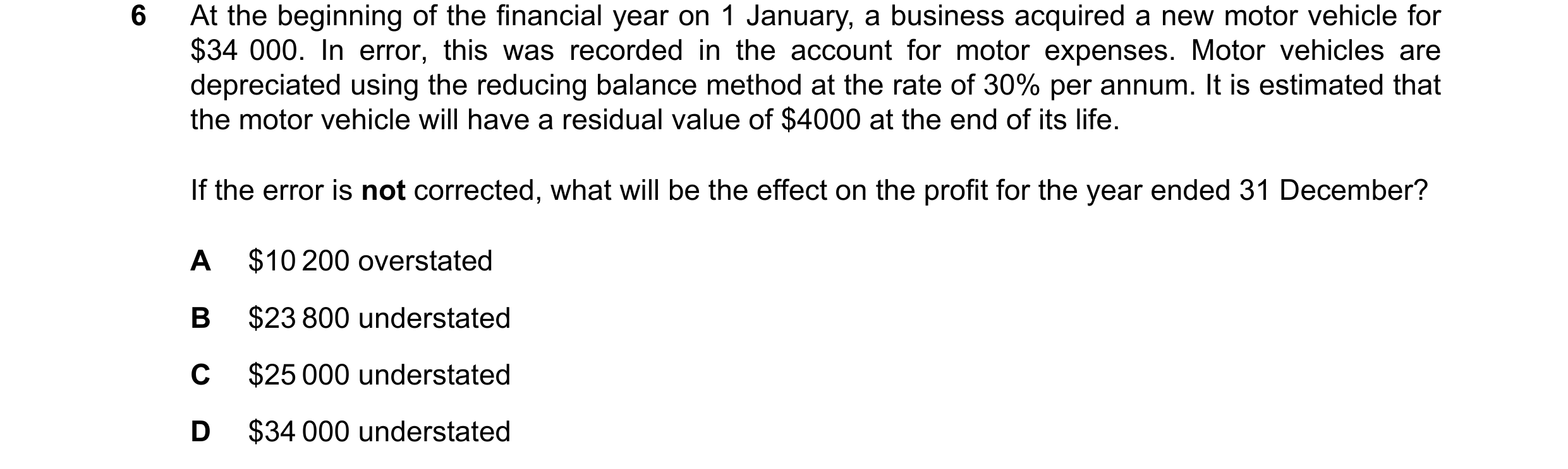 Question 264: At the beginning of the financial year on 1 January, a business acquired a new motor vehicle for $34 000. In error, this was recorded in th…