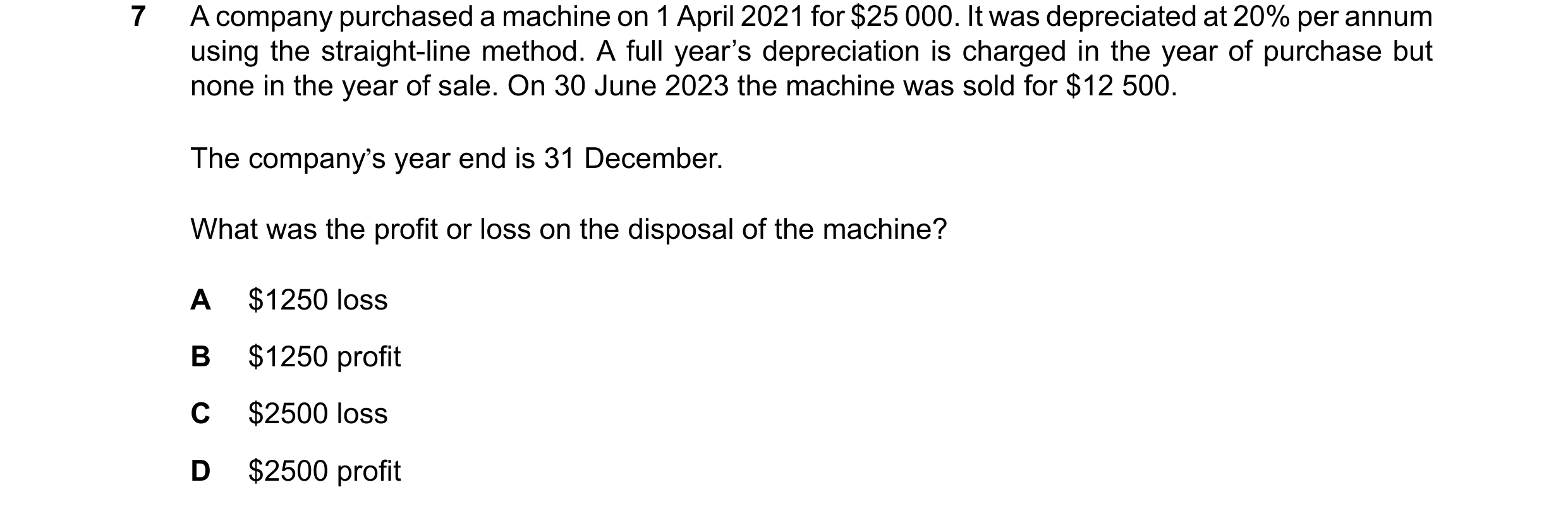 Question 265: A company purchased a machine on 1 April 2021 for $25 000. It was depreciated at 20% per annum using the straight-line method. A full year’…