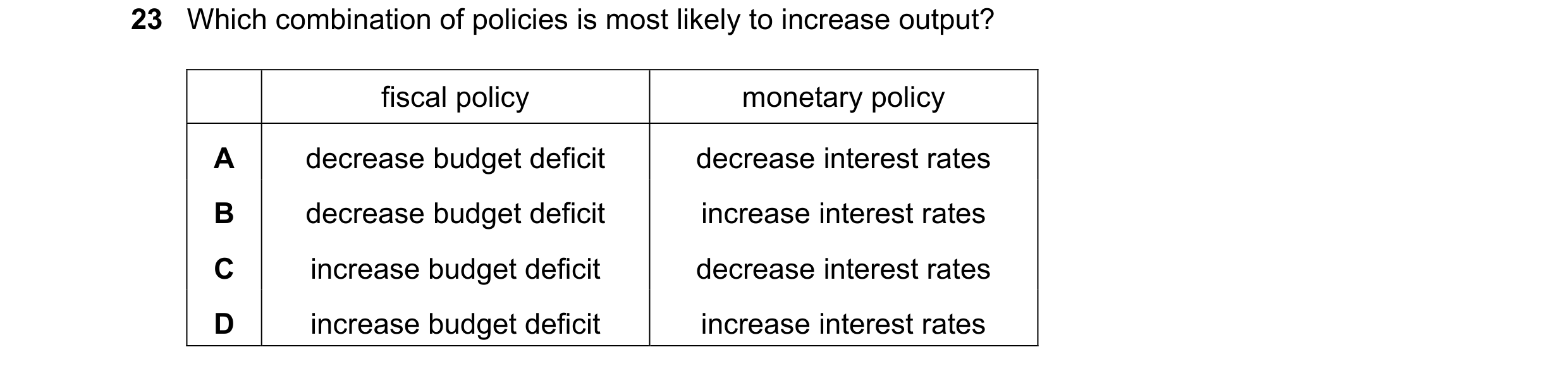 Question 38: Which combination of policies is most likely to increase output? fiscal policy monetary policy A decrease budget deficit decrease interest …