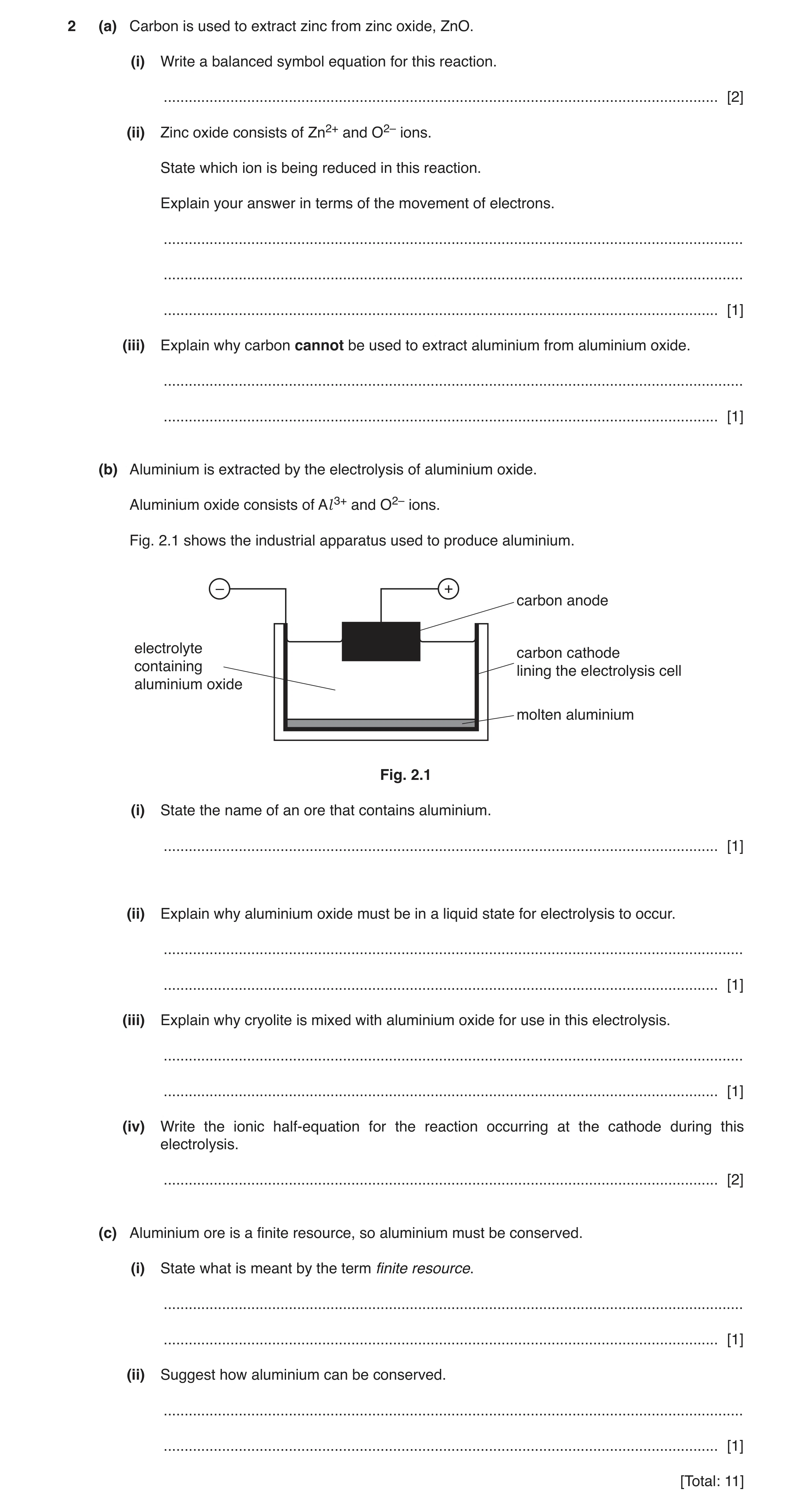 Question 3: (a) Carbon is used to extract zinc from zinc oxide, ZnO. (i) Write a balanced symbol equation for this reaction. ..........................…