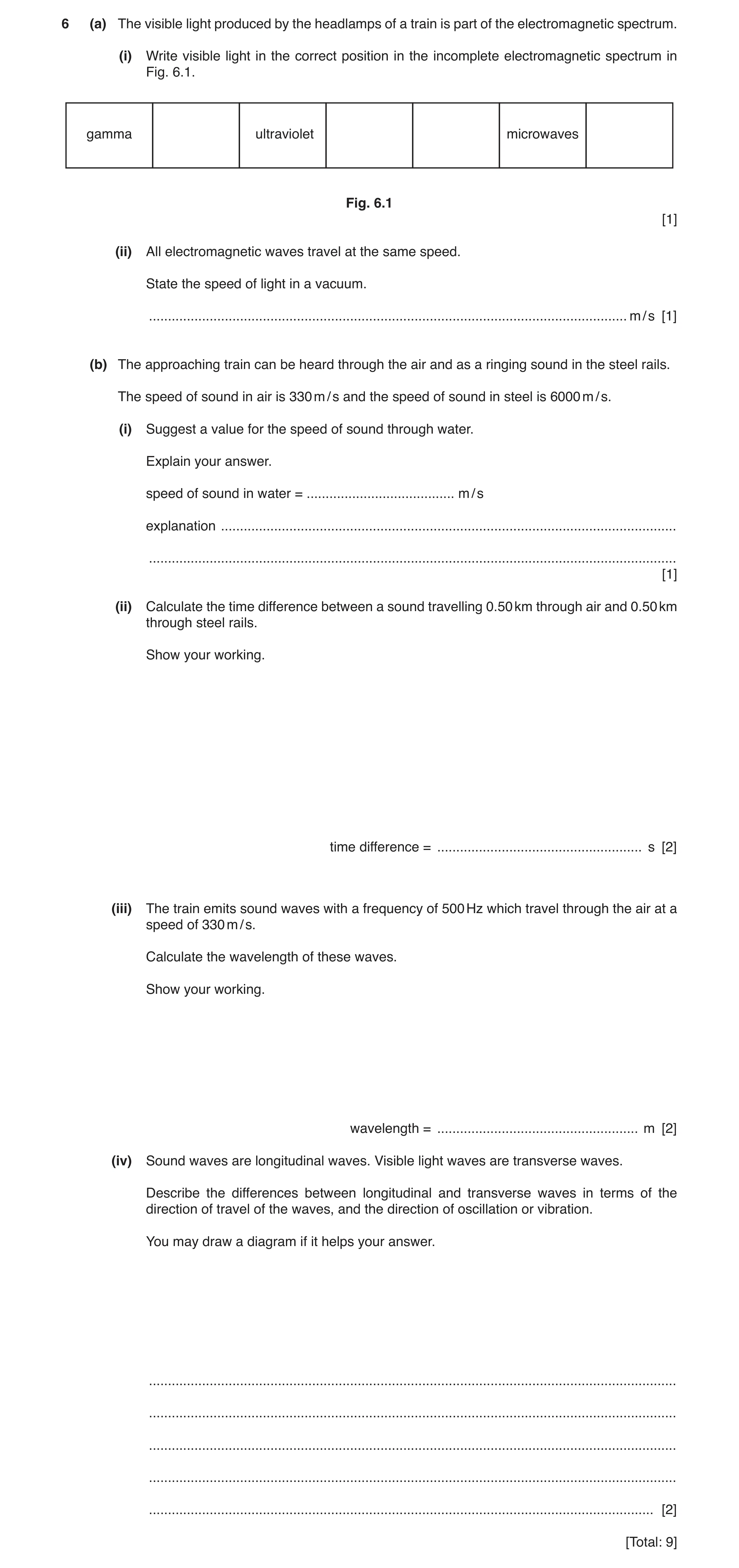 Question 7: (a) The visible light produced by the headlamps of a train is part of the electromagnetic spectrum. (i) Write visible light in the correct …
