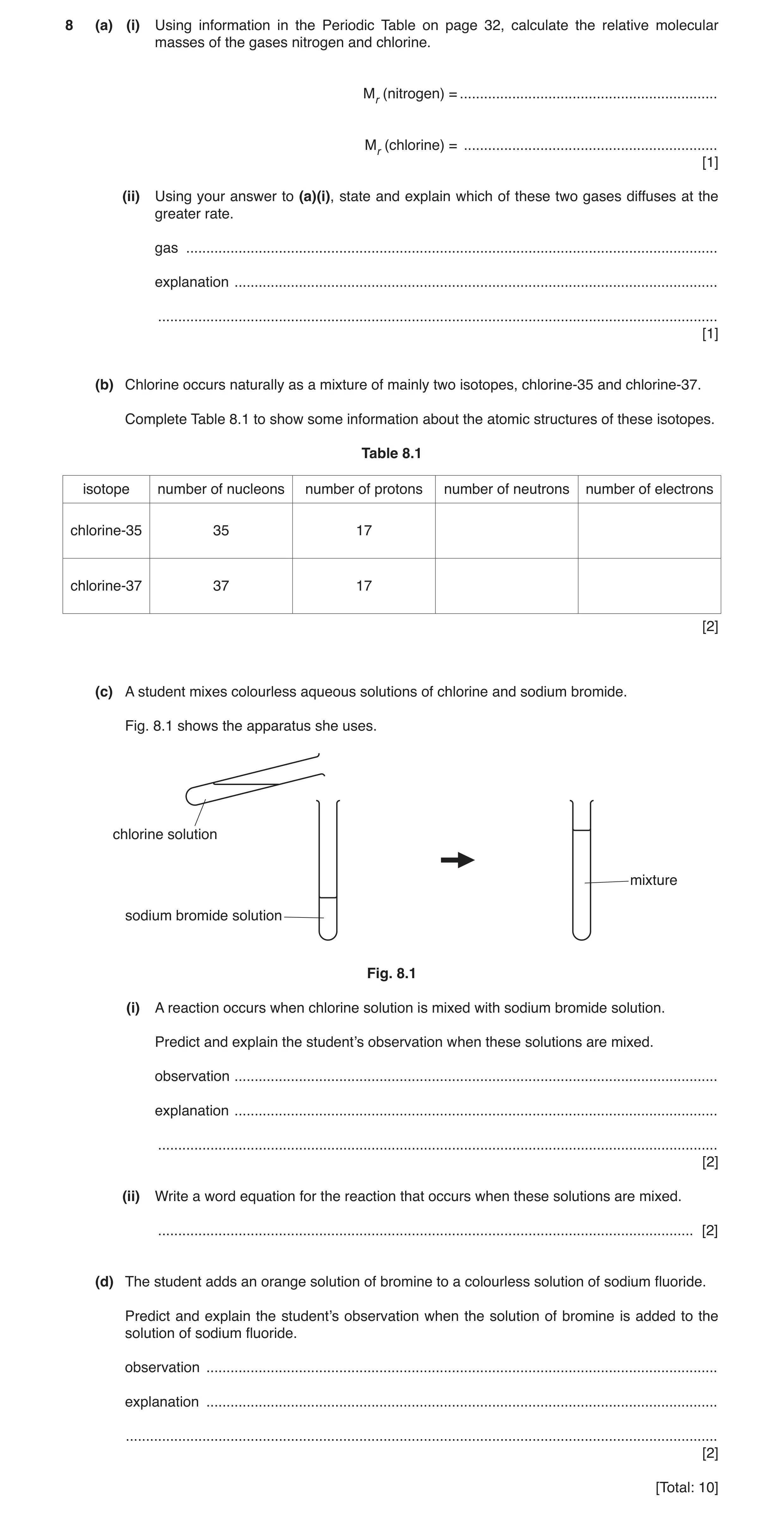 Question 4: (a) (i) Using information in the Periodic Table on page 32, calculate the relative molecular masses of the gases nitrogen and chlorine. Mr …