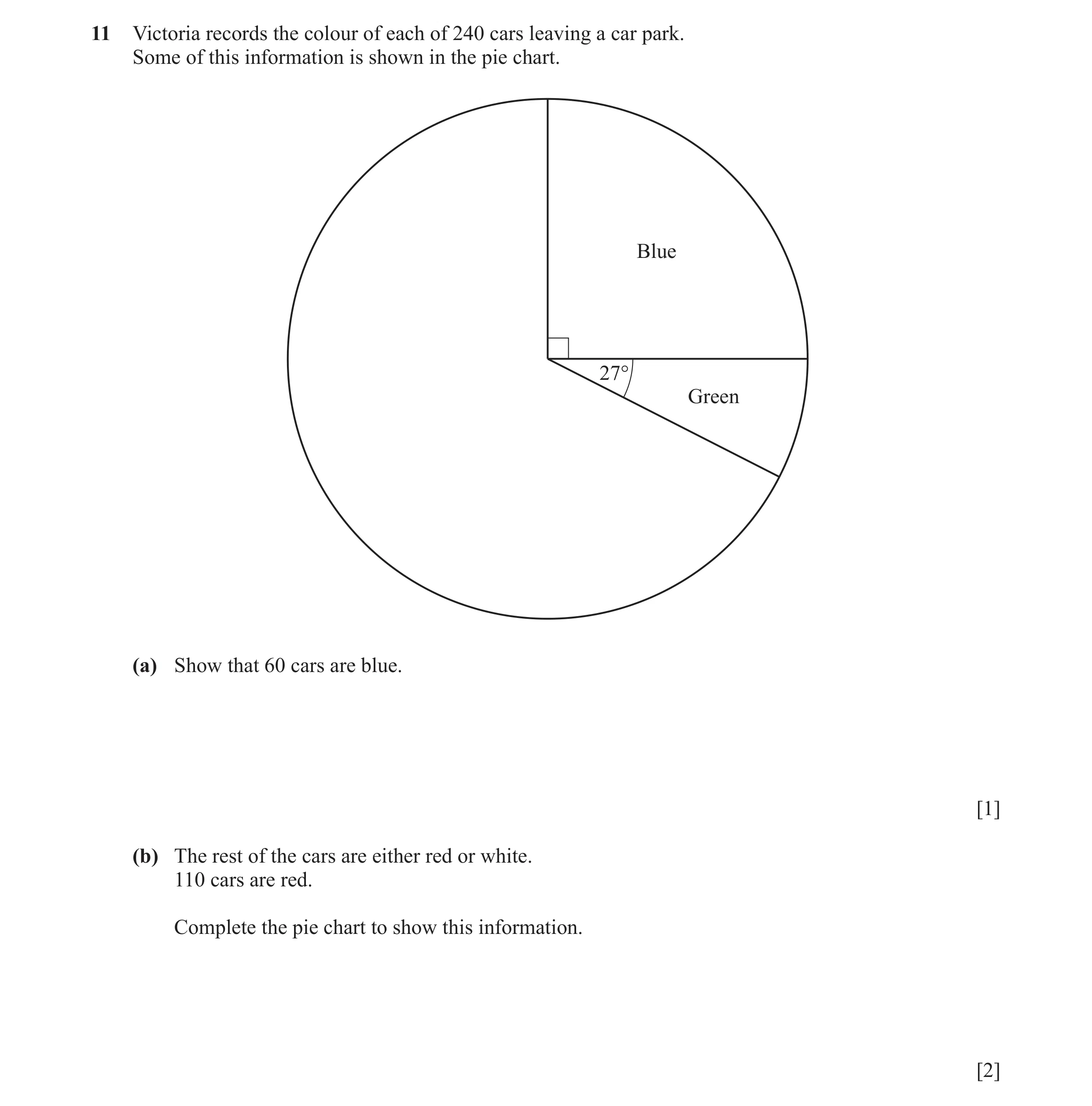 Question 25: Victoria records the colour of each of 240 cars leaving a car park. Some of this information is shown in the pie chart. Blue 27° Green (a) …