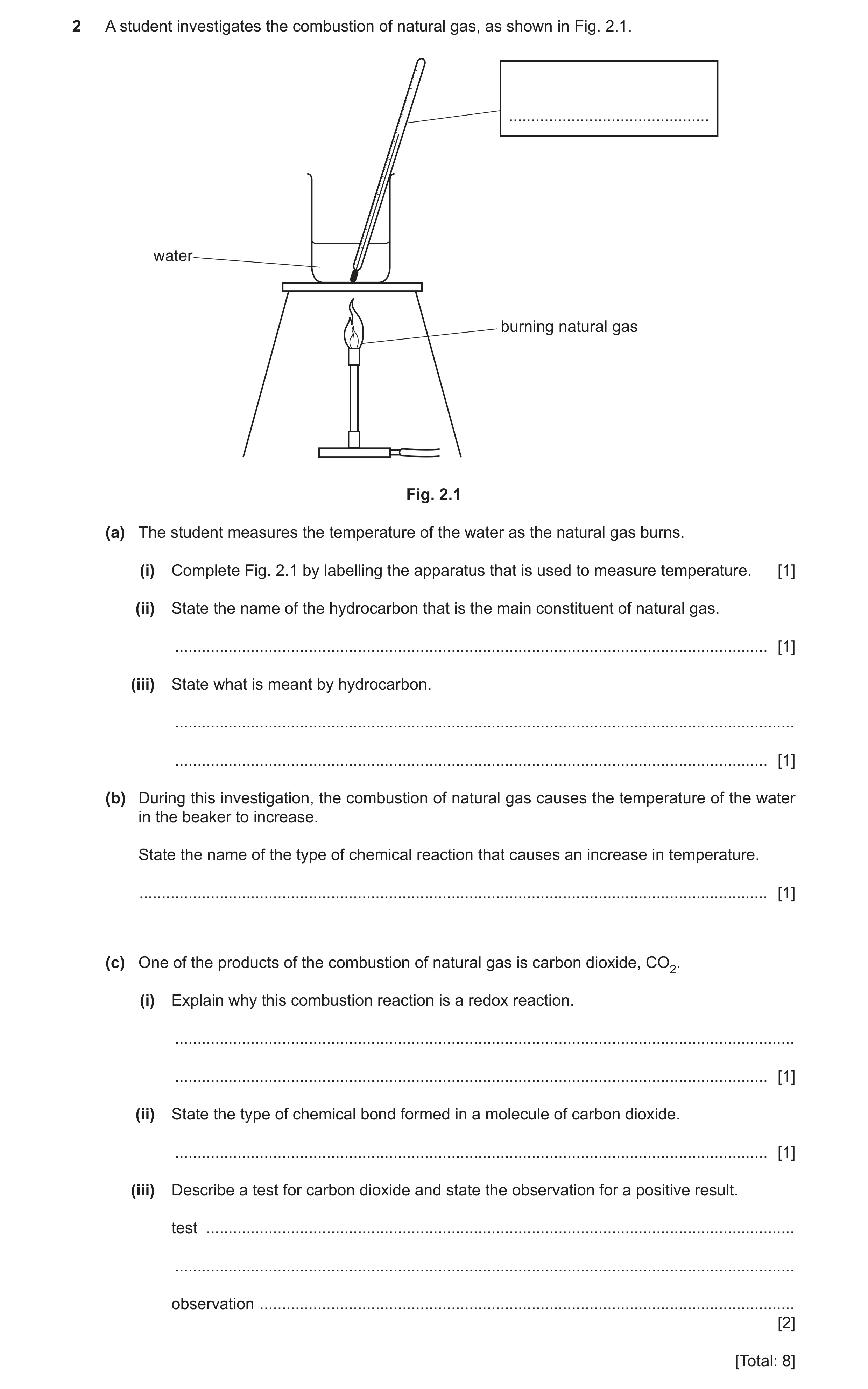 Question 20: A student investigates the combustion of natural gas, as shown in Fig. 2.1. ............................................. water burning nat…