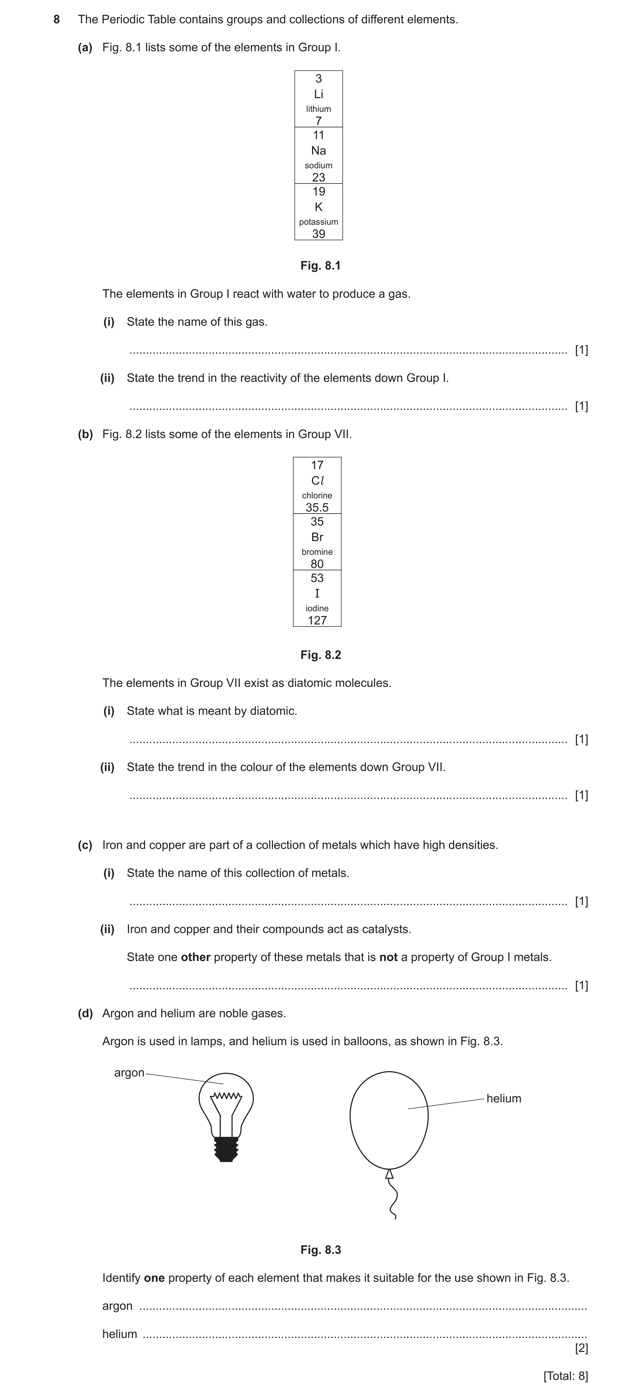 Question 10: The Periodic Table contains groups and collections of different elements. (a) Fig. 8.1 lists some of the elements in Group I. 3 Li lithium …