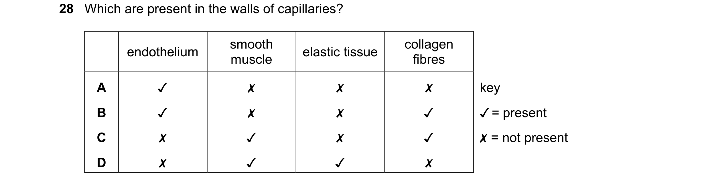 Question 105: Which are present in the walls of capillaries?
0 0O WwW D>
endothelium
~ «QOS
smooth
muscle
\ \ x
elastic tissue
\ « & x
collagen
f…