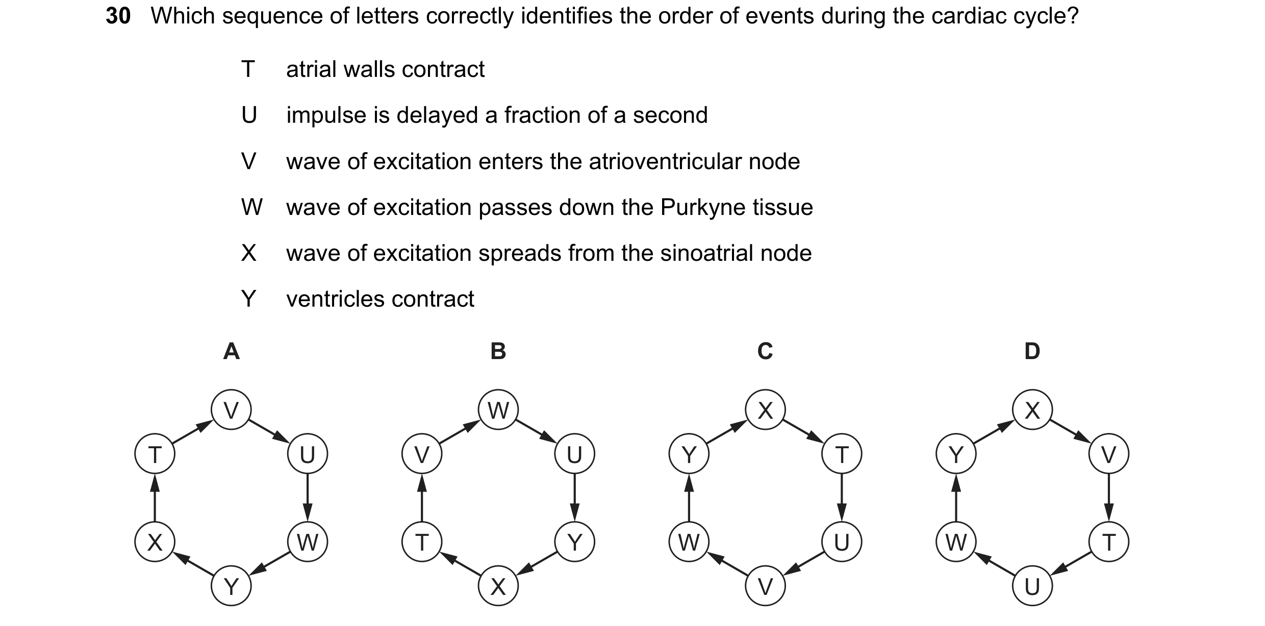 Question 95: Which sequence of letters correctly identifies the order of events during the cardiac cycle? T atrial walls contract U impulse is delayed a…