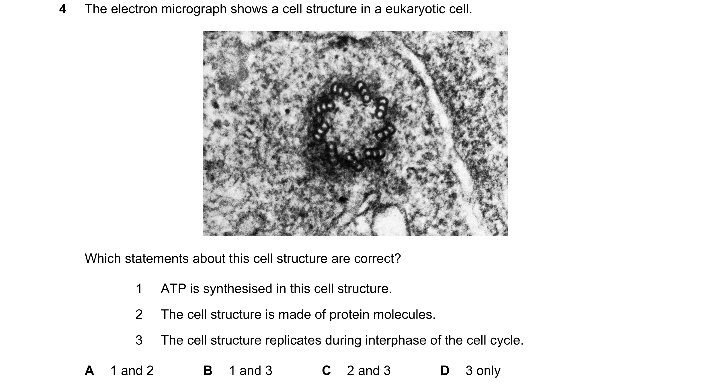 Question 123: The electron micrograph shows a cell structure in a eukaryotic cell. Which statements about this cell structure are correct? 1 ATP is synth…