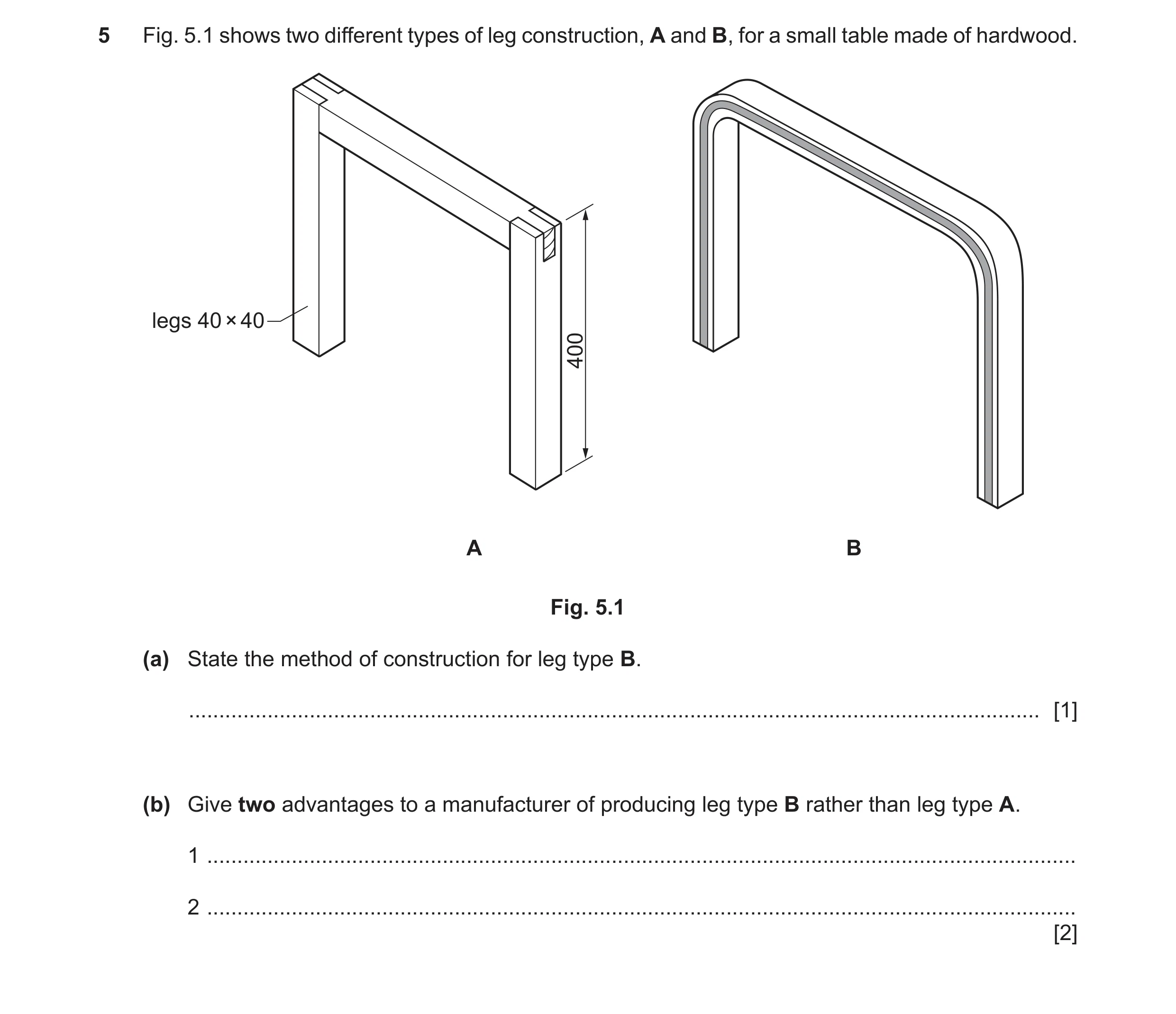 Question 343: Fig. 5.1 shows two different types of leg construction, A and B, for a small table made of hardwood. legs 40 × 40 400 A B Fig. 5.1 (a) Stat…