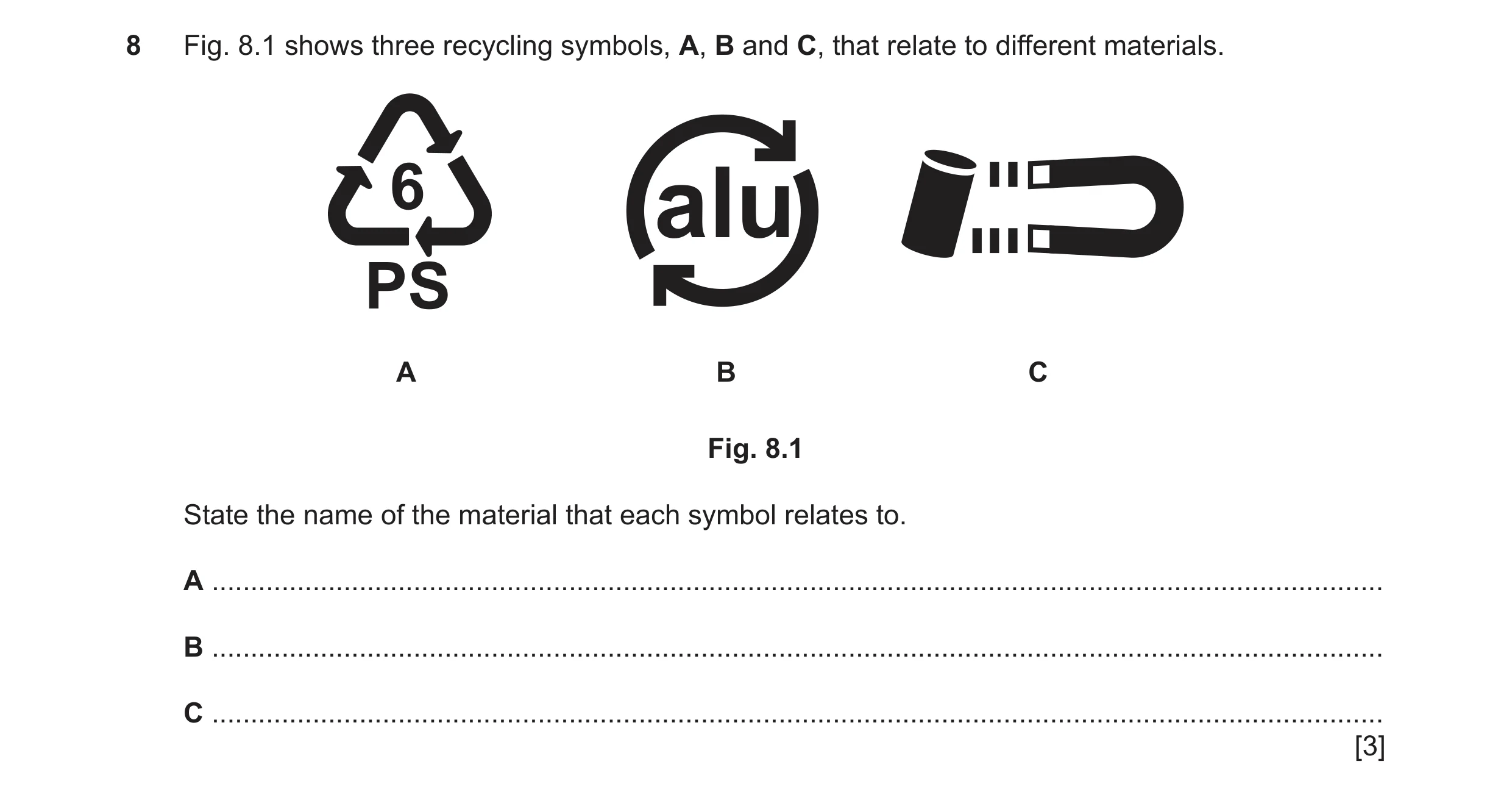 Question 96: Fig. 8.1 shows three recycling symbols, A, B and C, that relate to different materials. 6 alu PS A B C Fig. 8.1 State the name of the mater…