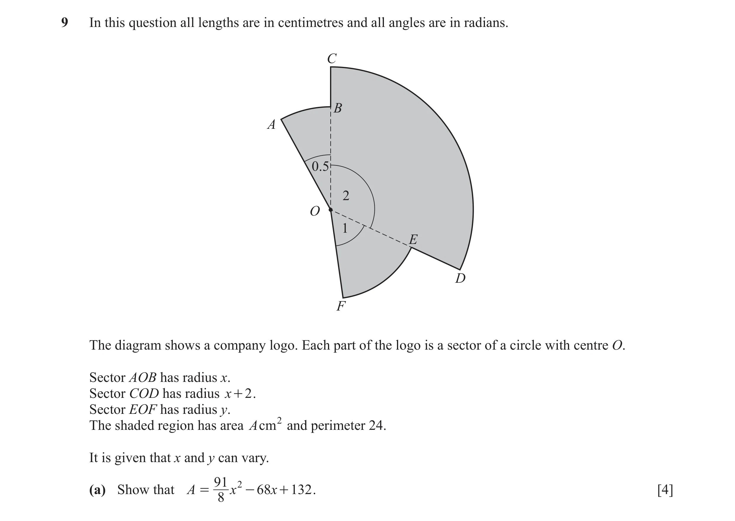 Question 15: In this question all lengths are in centimetres and all angles are in radians. C B A 0.5 2 O 1 E D F The diagram shows a company logo. Each…