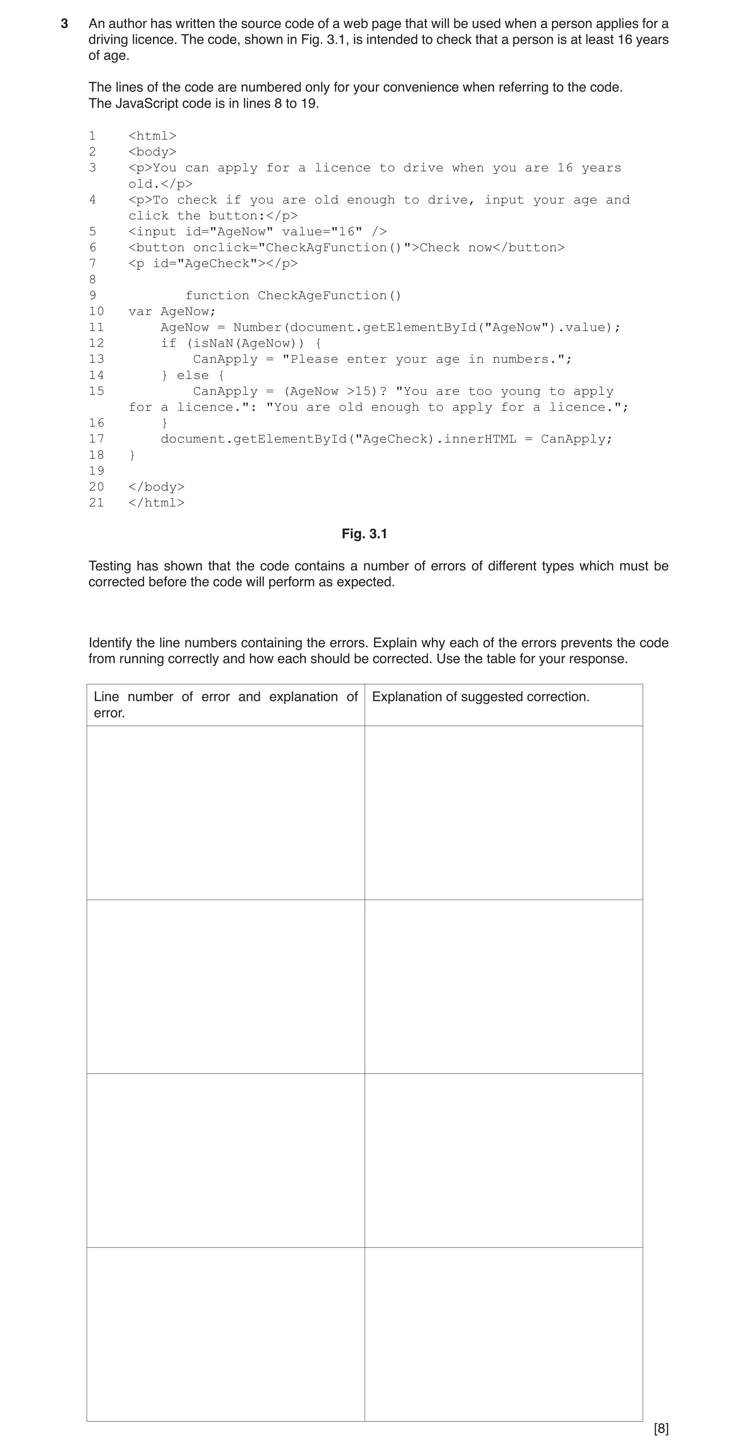 Question 16: An author has written the source code of a web page that will be used when a person applies for a driving licence. The code, shown in Fig. …