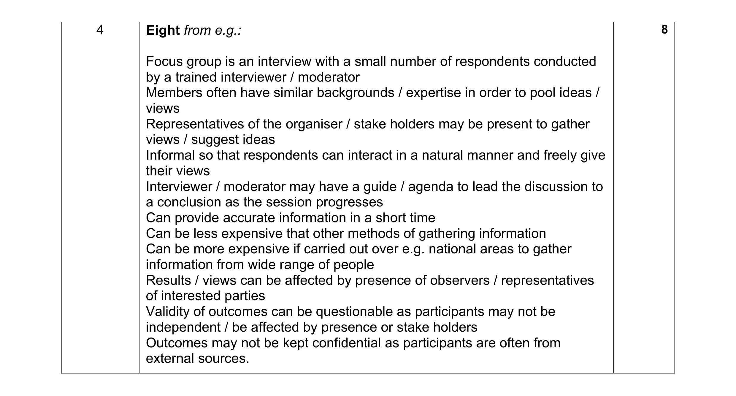 Mark scheme for question 8