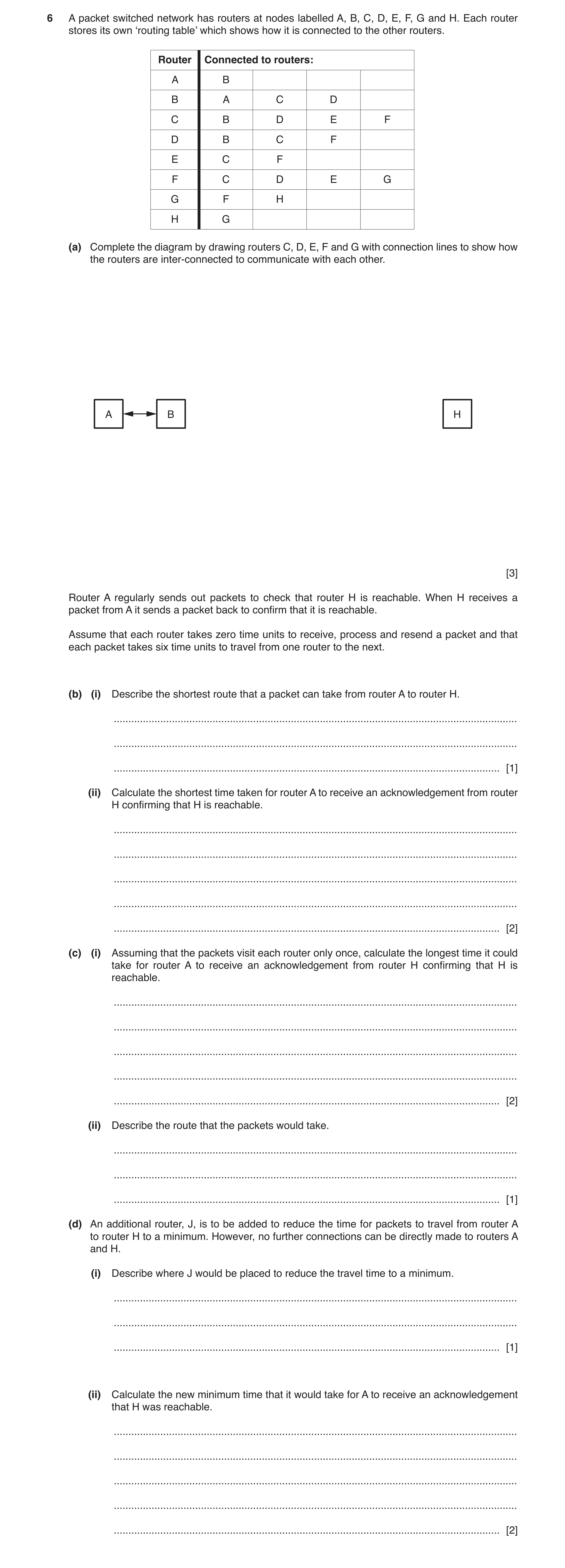 Question 18: A packet switched network has routers at nodes labelled A, B, C, D, E, F, G and H. Each router stores its own ‘routing table’ which shows h…