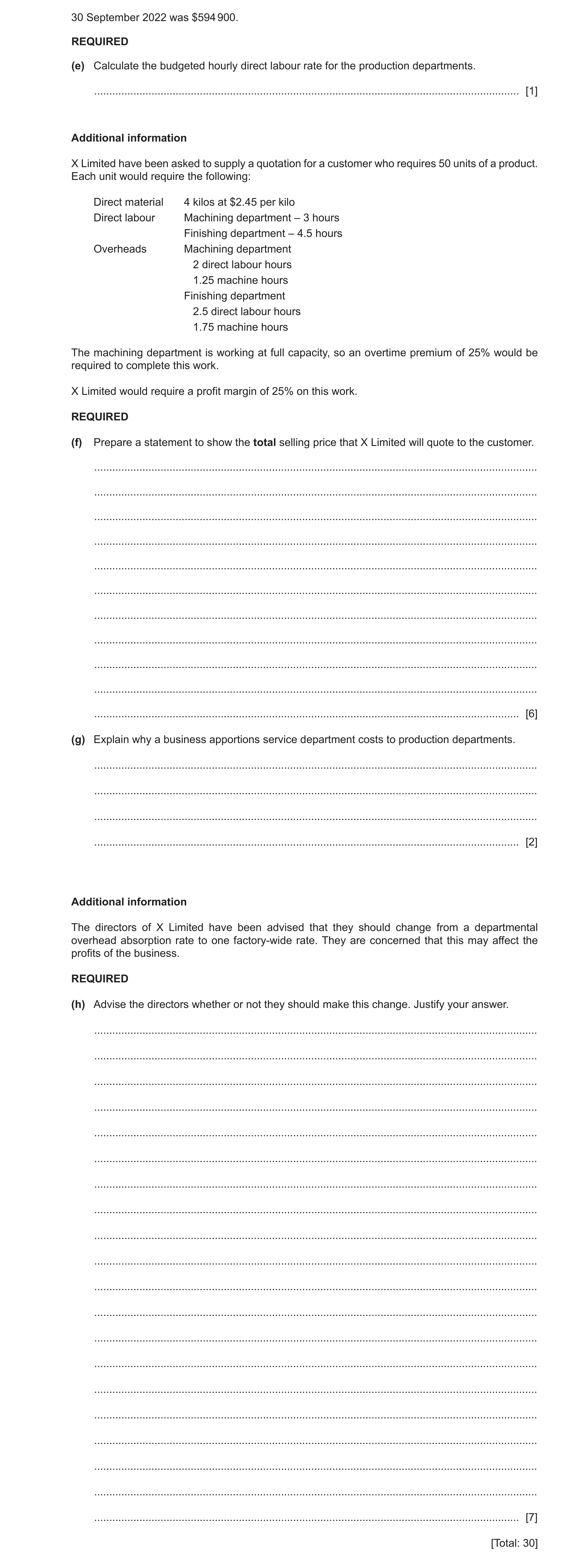 Question 13: September 2022 was $594 900. REQUIRED (e) Calculate the budgeted hourly direct labour rate for the production departments. ................…