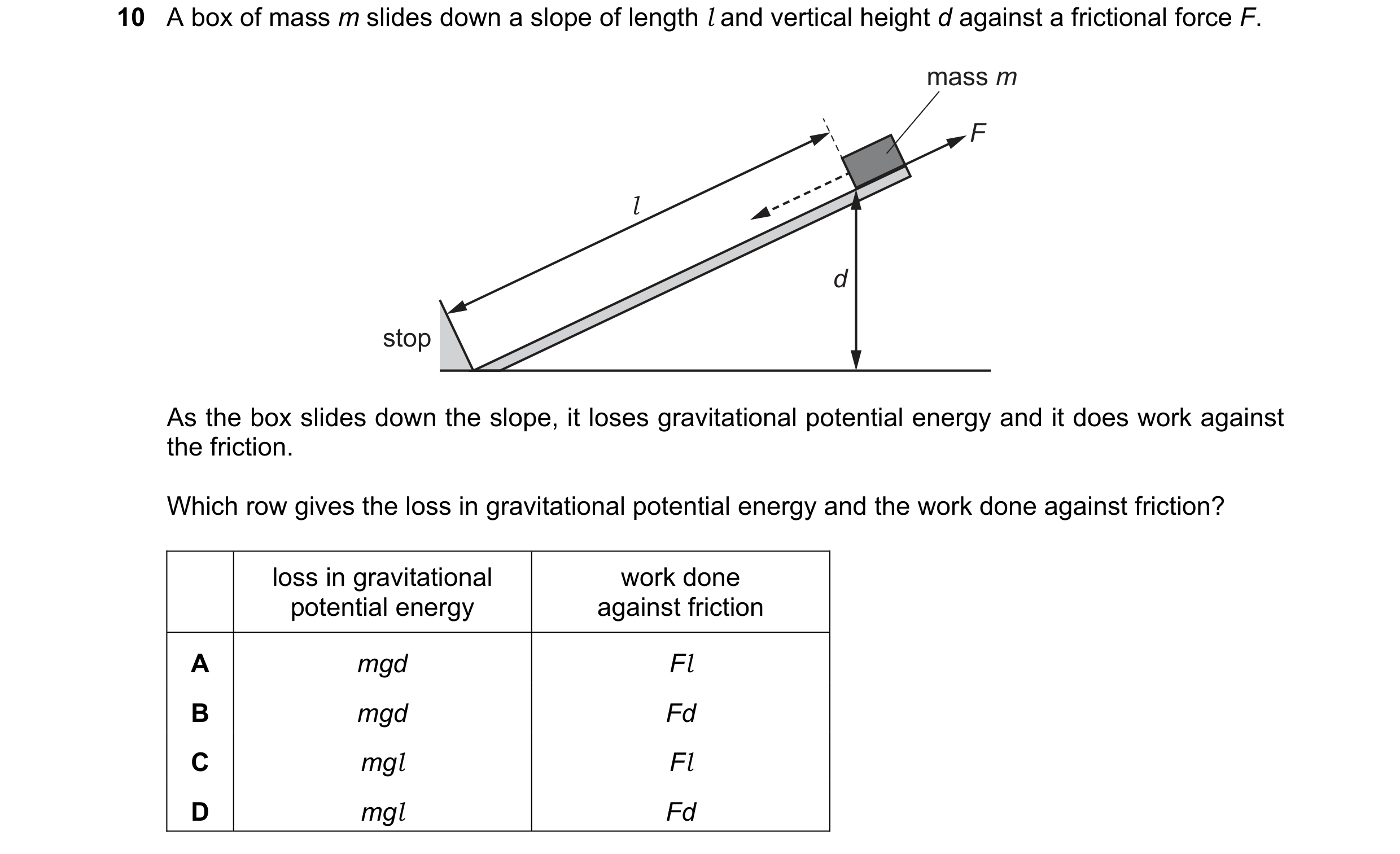 Question 25: A box of mass m slides down a slope of length l and vertical height d against a frictional force F. mass m F l d stop As the box slides dow…