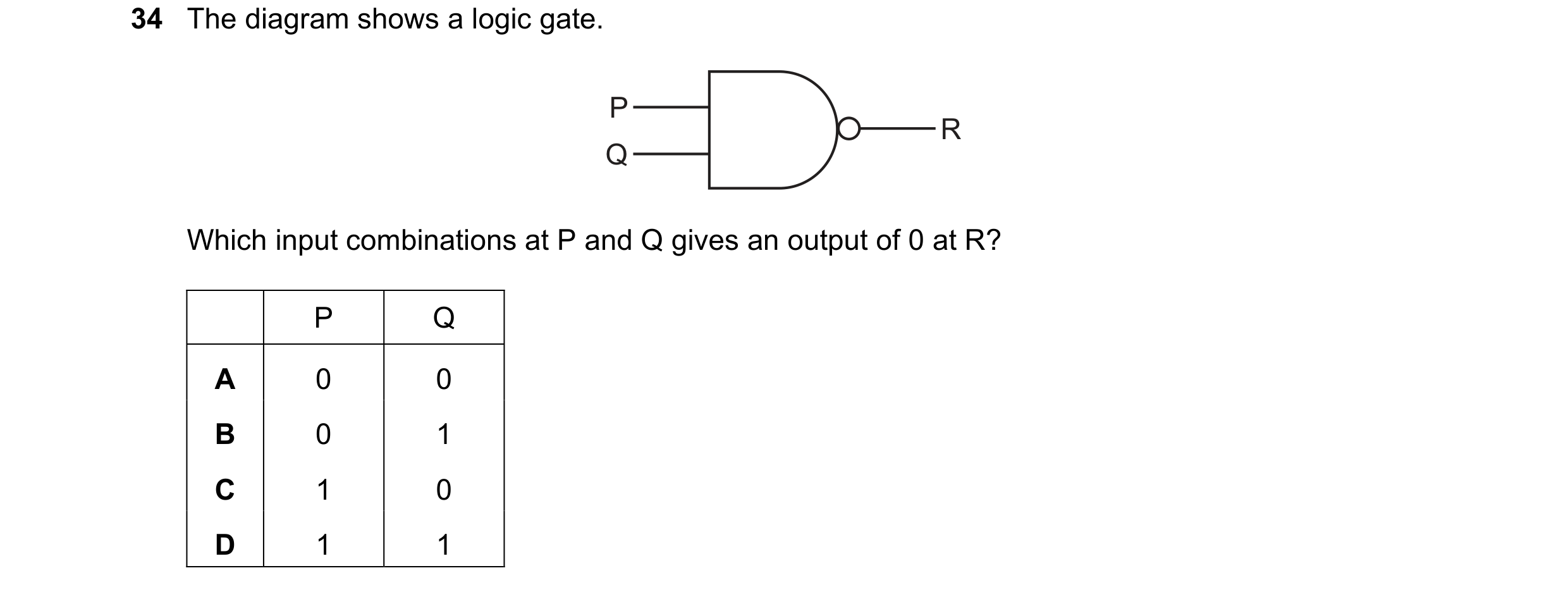 Question 44: The diagram shows a logic gate. P R Q Which input combinations at P and Q gives an output of 0 at R? P Q A 0 0 B 0 1 C 1 0 D 1 1
