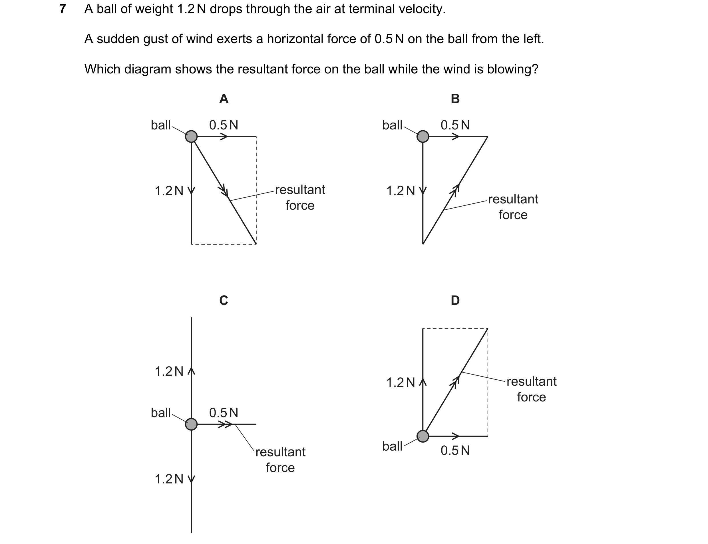 Question 25: A ball of weight 1.2 N drops through the air at terminal velocity. A sudden gust of wind exerts a horizontal force of 0.5 N on the ball fro…