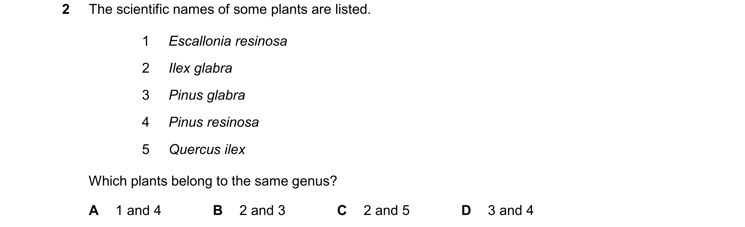 Question 26: The scientific names of some plants are listed. 1 Escallonia resinosa 2 Ilex glabra 3 Pinus glabra 4 Pinus resinosa 5 Quercus ilex Which pl…