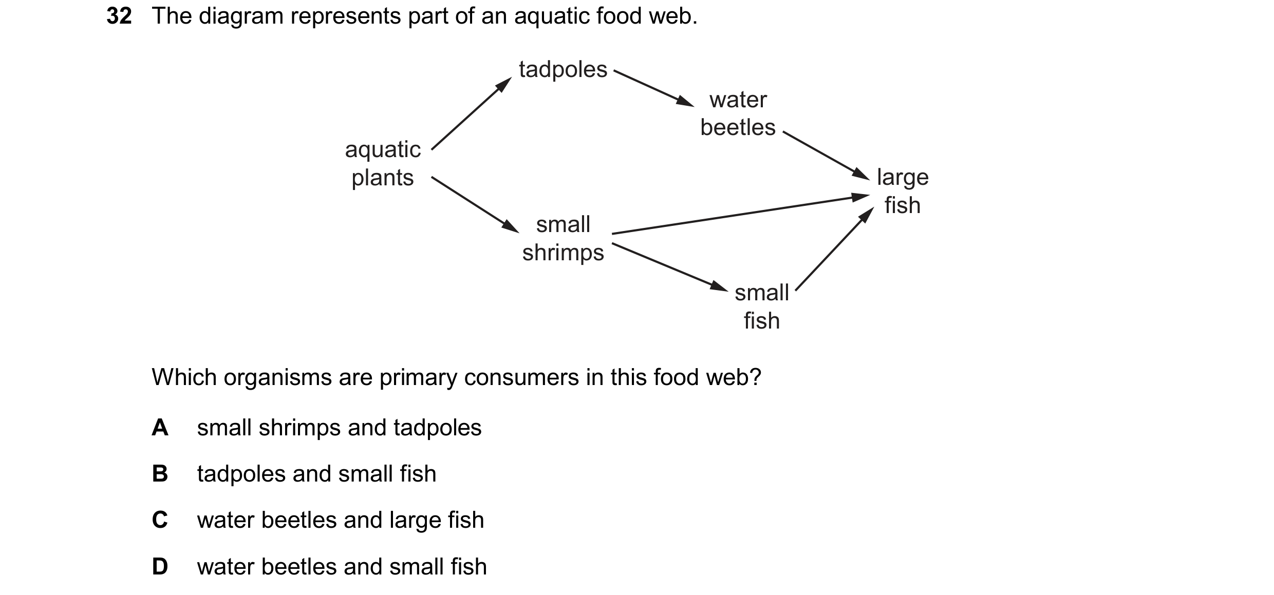 Question 30: The diagram represents part of an aquatic food web. tadpoles water beetles aquatic plants large fish small shrimps small fish Which organis…
