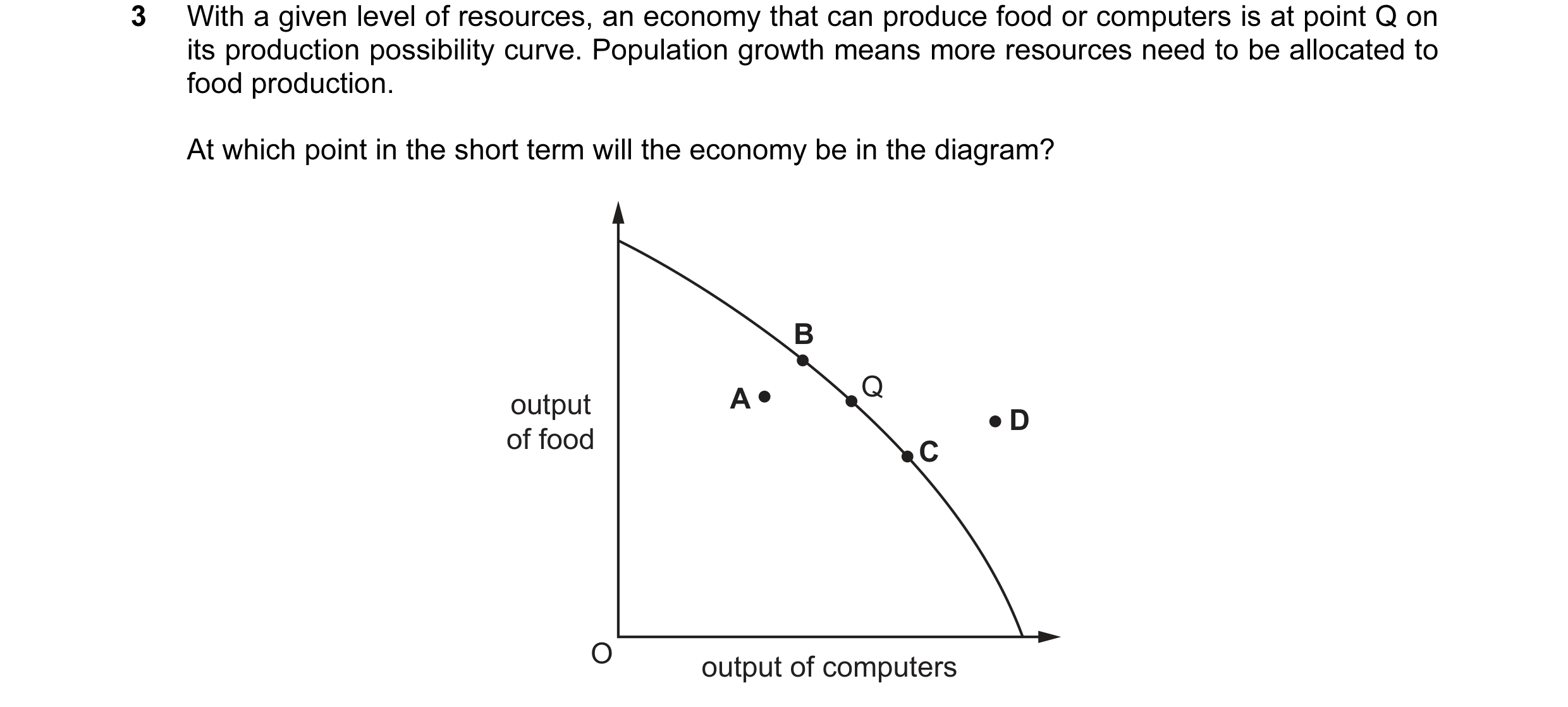 Question 13: With a given level of resources, an economy that can produce food or computers is at point Q on its production possibility curve. Populatio…