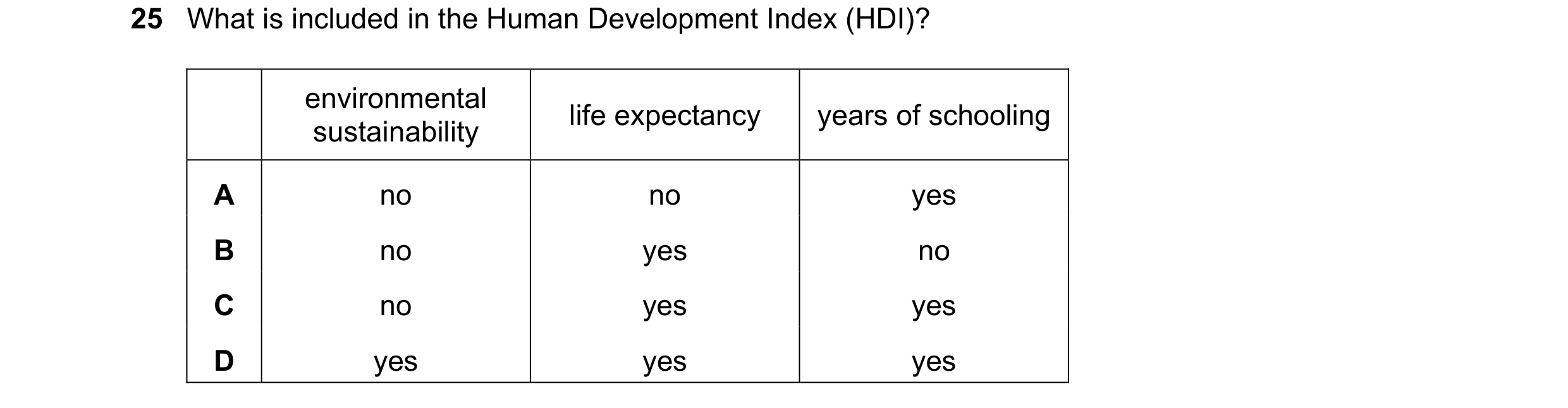 Question 155: What is included in the Human Development Index (HDI)? environmental life expectancy years of schooling sustainability A no no yes B no yes…