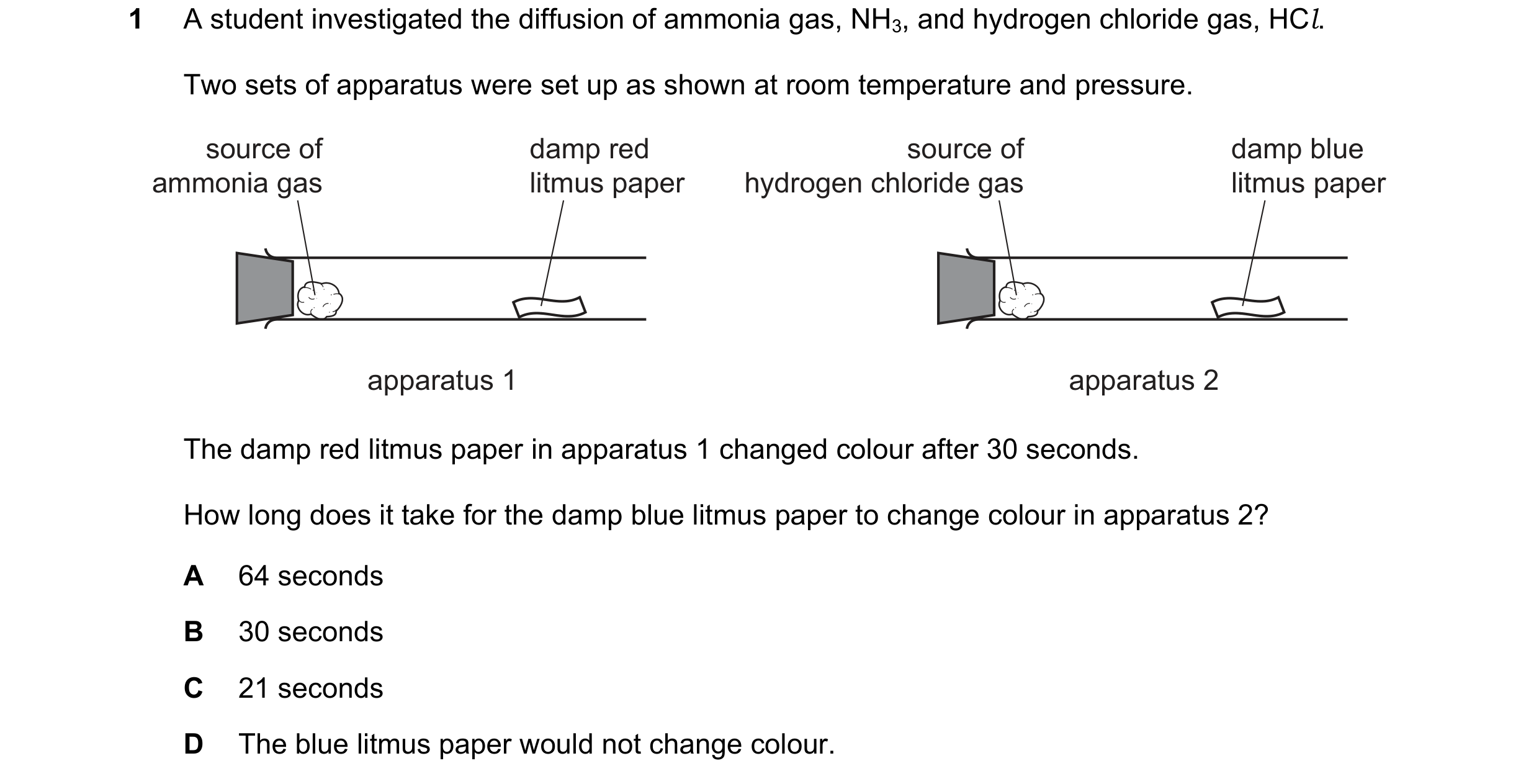 Question 1: A student investigated the diffusion of ammonia gas, NH3, and hydrogen chloride gas, HCl. Two sets of apparatus were set up as shown at roo…