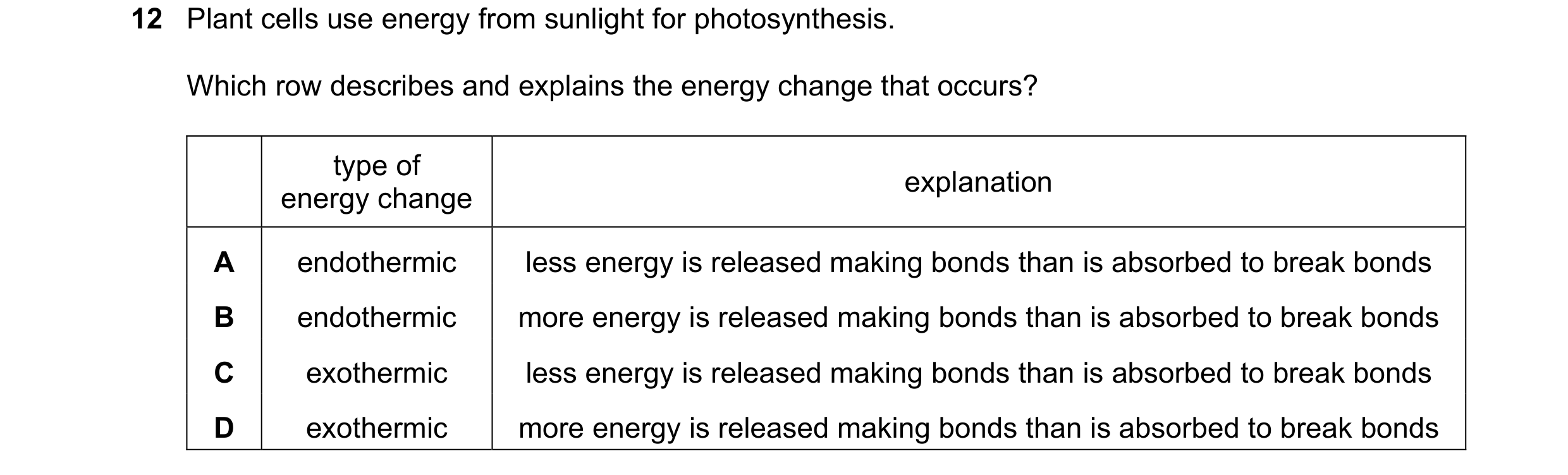 Question 1: Plant cells use energy from sunlight for photosynthesis. Which row describes and explains the energy change that occurs? type of explanatio…
