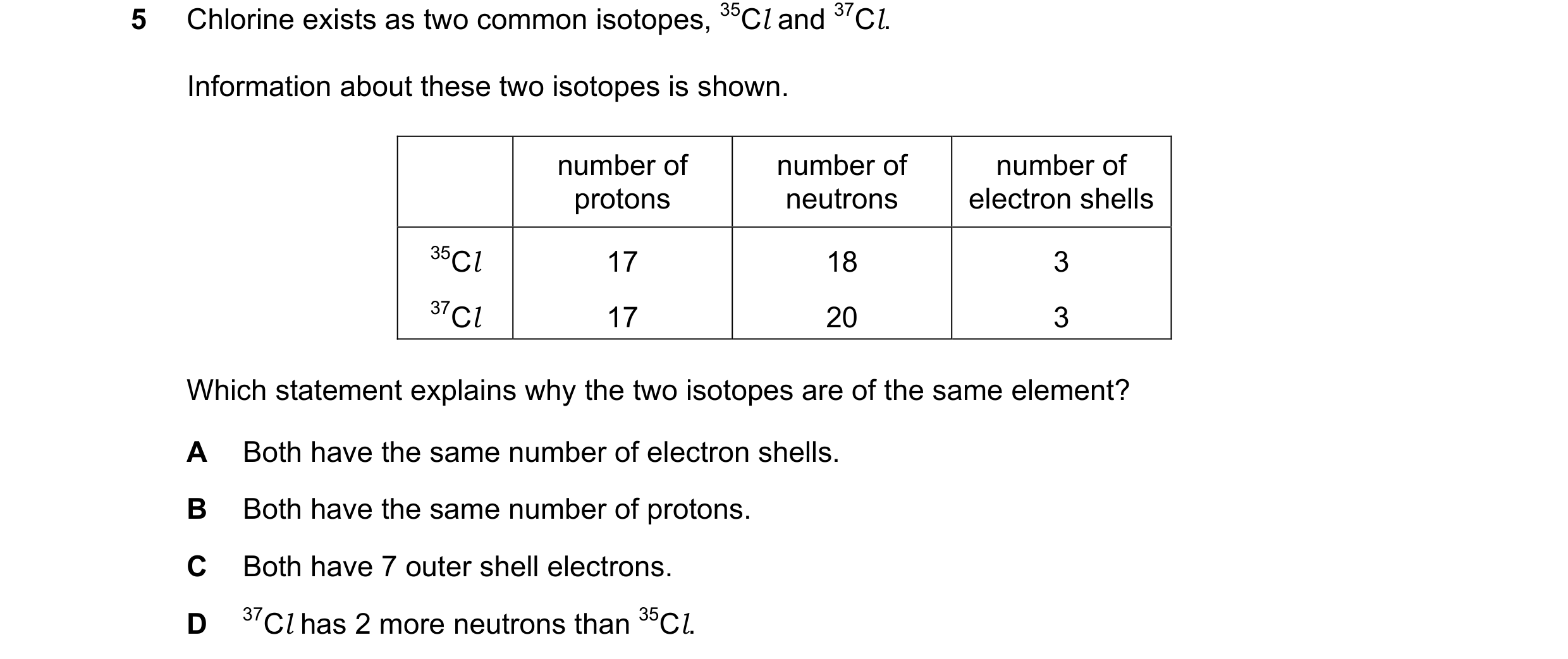 Question 1: Chlorine exists as two common isotopes, 35Cl and 37Cl. Information about these two isotopes is shown. number of number of number of protons…