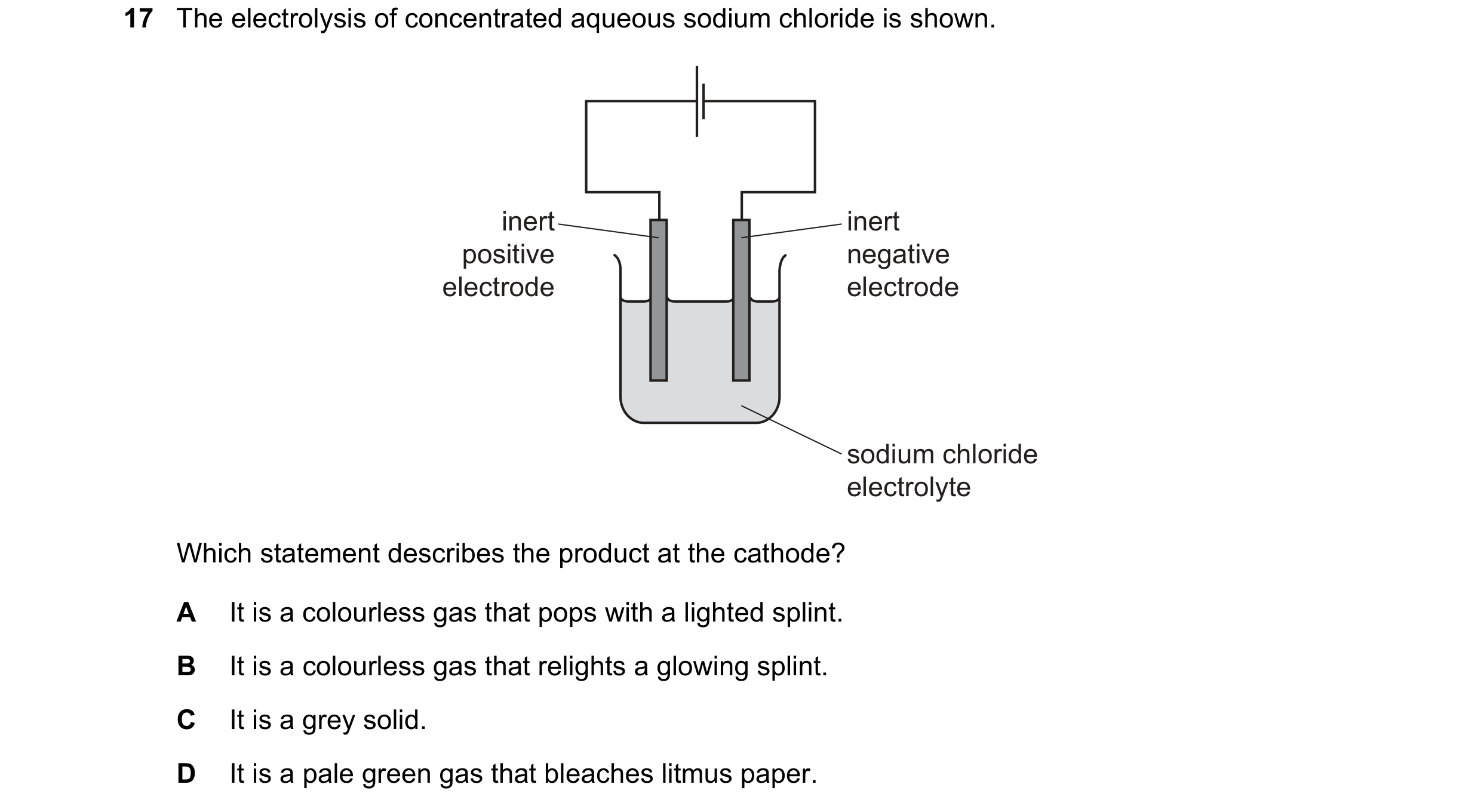Question 60: The electrolysis of concentrated aqueous sodium chloride is shown. inert inert positive negative electrode electrode sodium chloride electr…