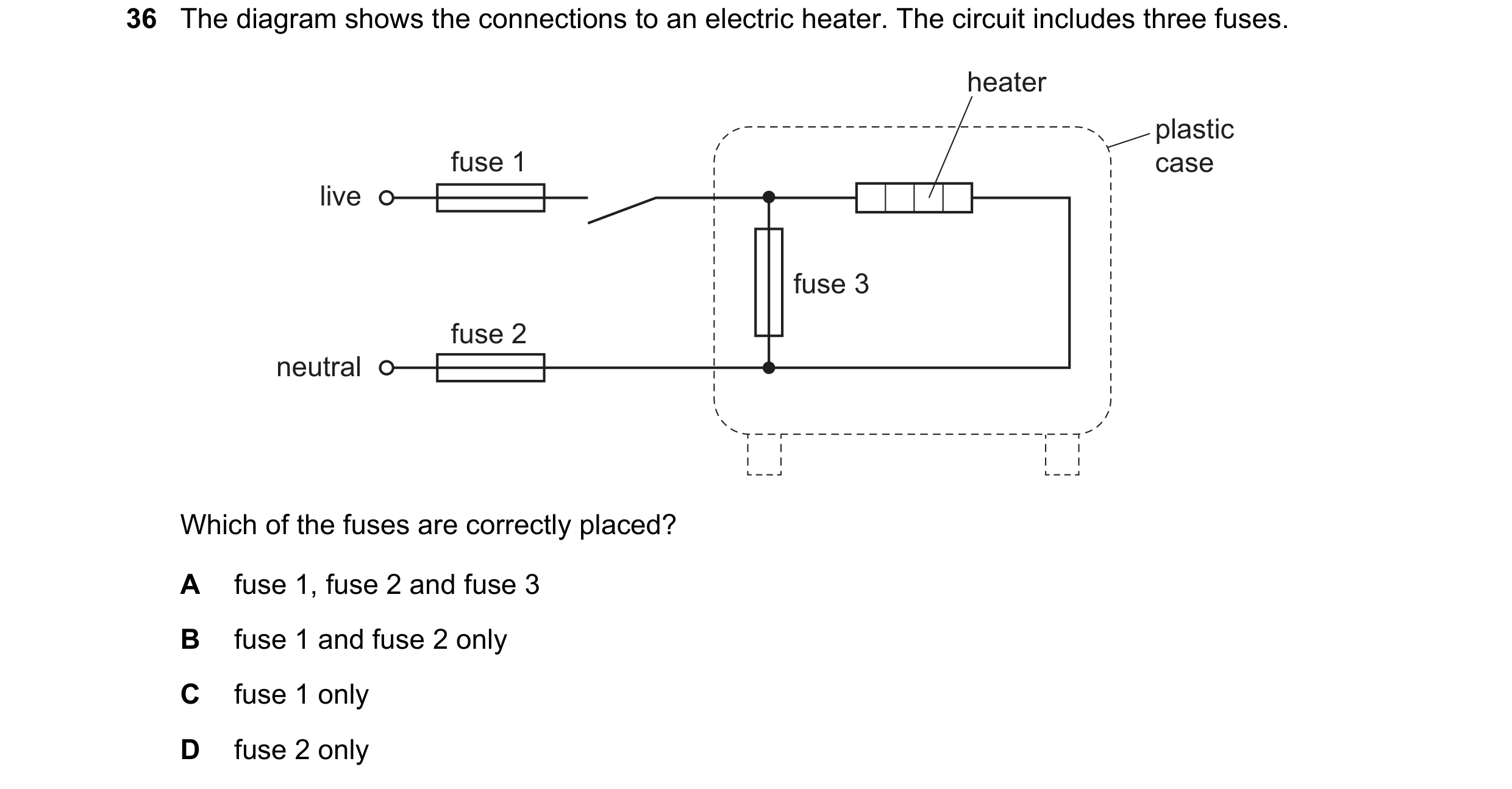 Question 26: The diagram shows the connections to an electric heater. The circuit includes three fuses. heater plastic fuse 1 case live fuse 3 fuse 2 ne…