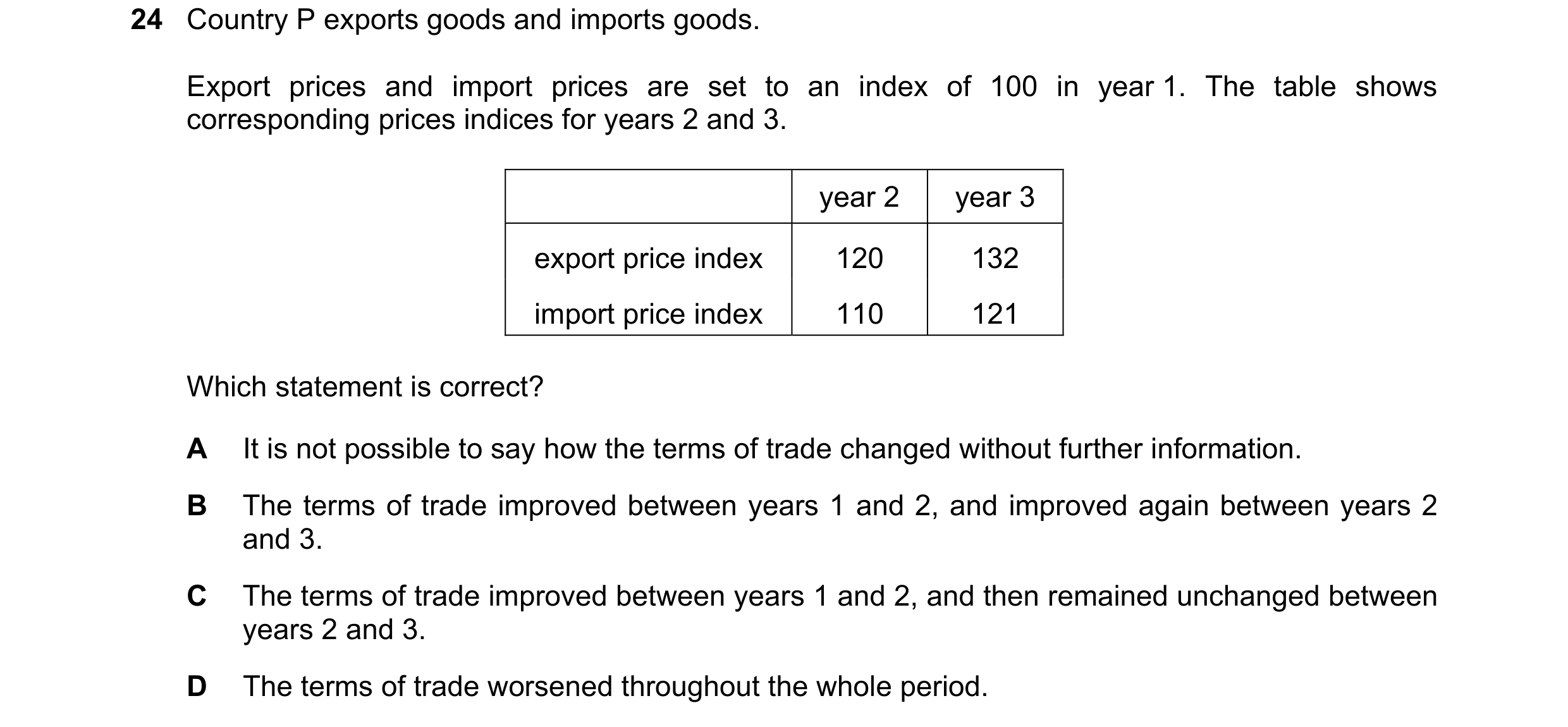 Question 115: Country P exports goods and imports goods. Export prices and import prices are set to an index of 100 in year 1. The table shows correspond…