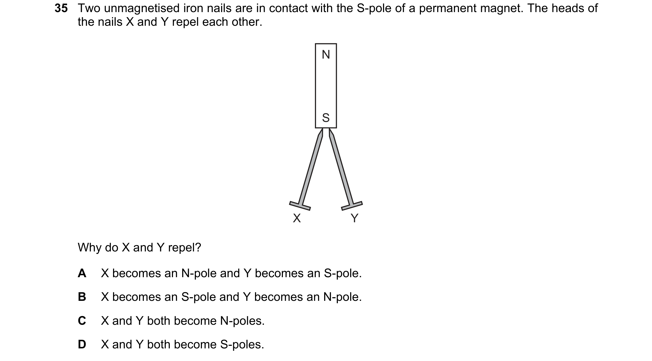 Question 1: Two unmagnetised iron nails are in contact with the S-pole of a permanent magnet. The heads of the nails X and Y repel each other. N S X Y …