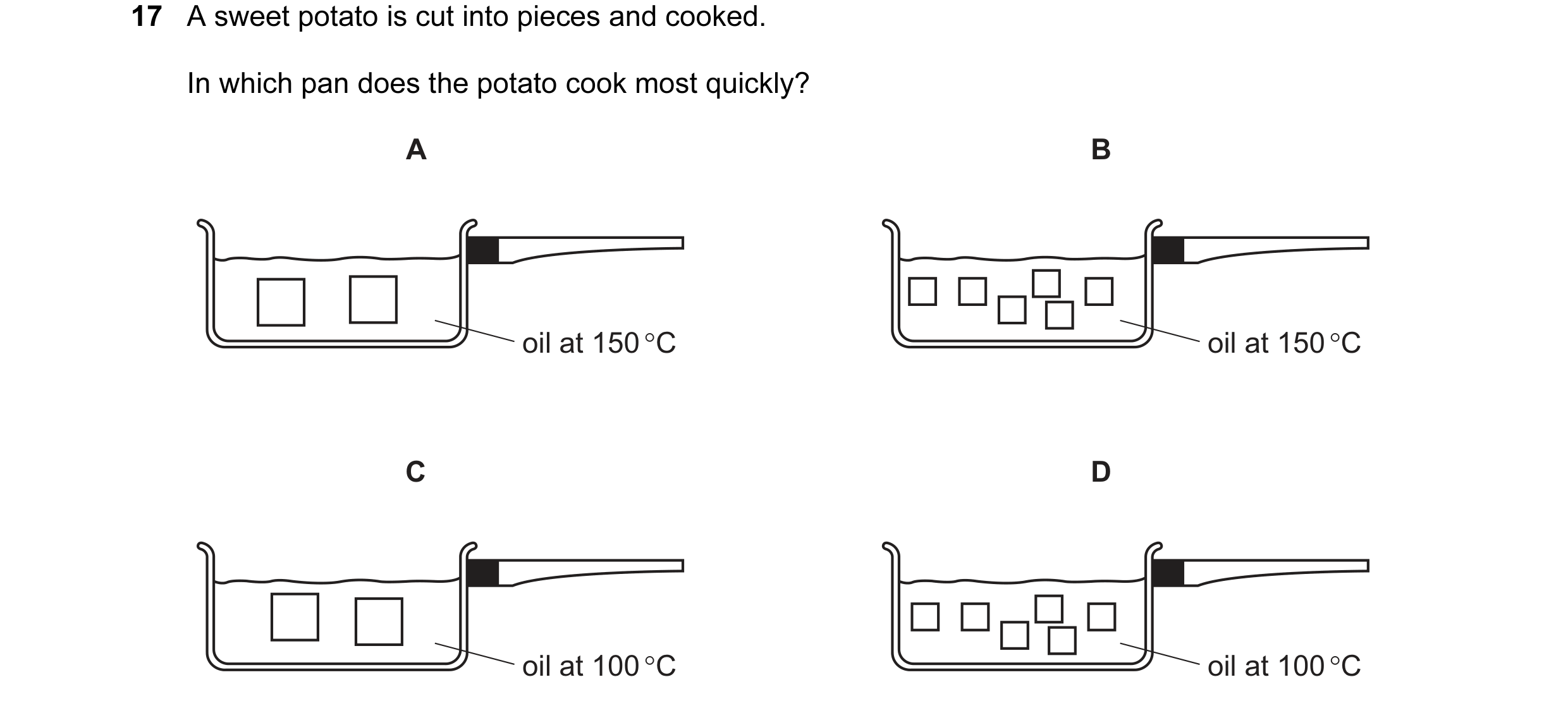 Question 30: A sweet potato is cut into pieces and cooked. In which pan does the potato cook most quickly? A B oil at 150 °C oil at 150 °C C D oil at 10…