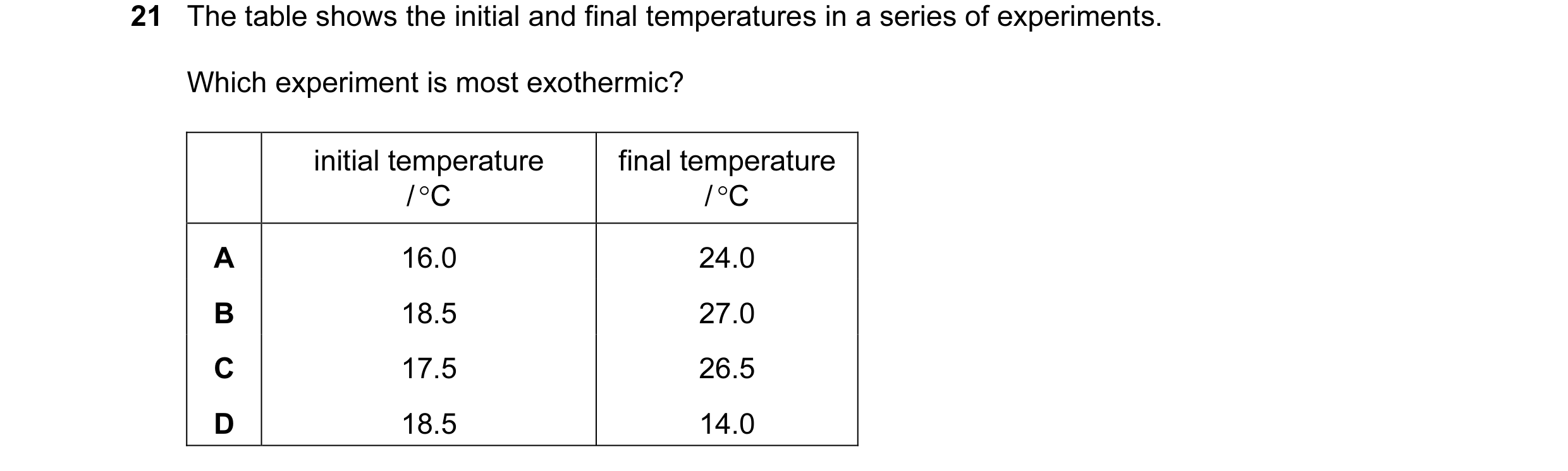 Question 10: The table shows the initial and final temperatures in a series of experiments. Which experiment is most exothermic? initial temperature fin…