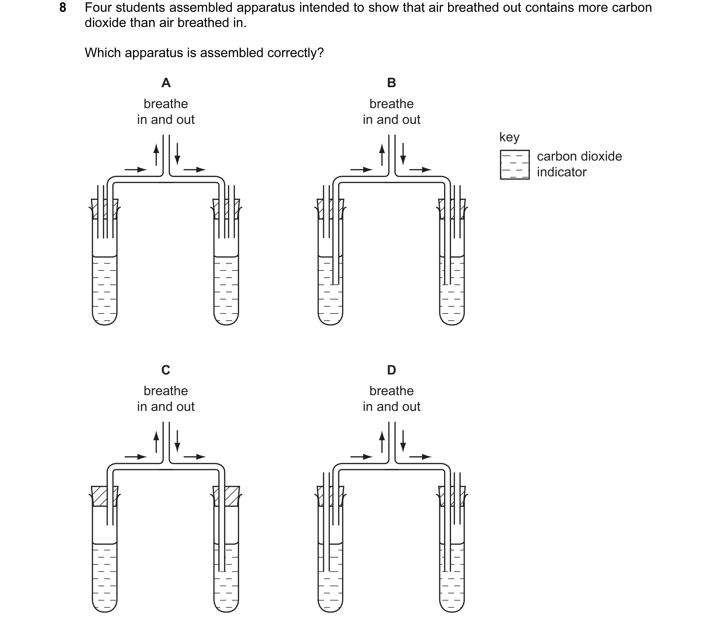 Question 25: Four students assembled apparatus intended to show that air breathed out contains more carbon dioxide than air breathed in. Which apparatus…