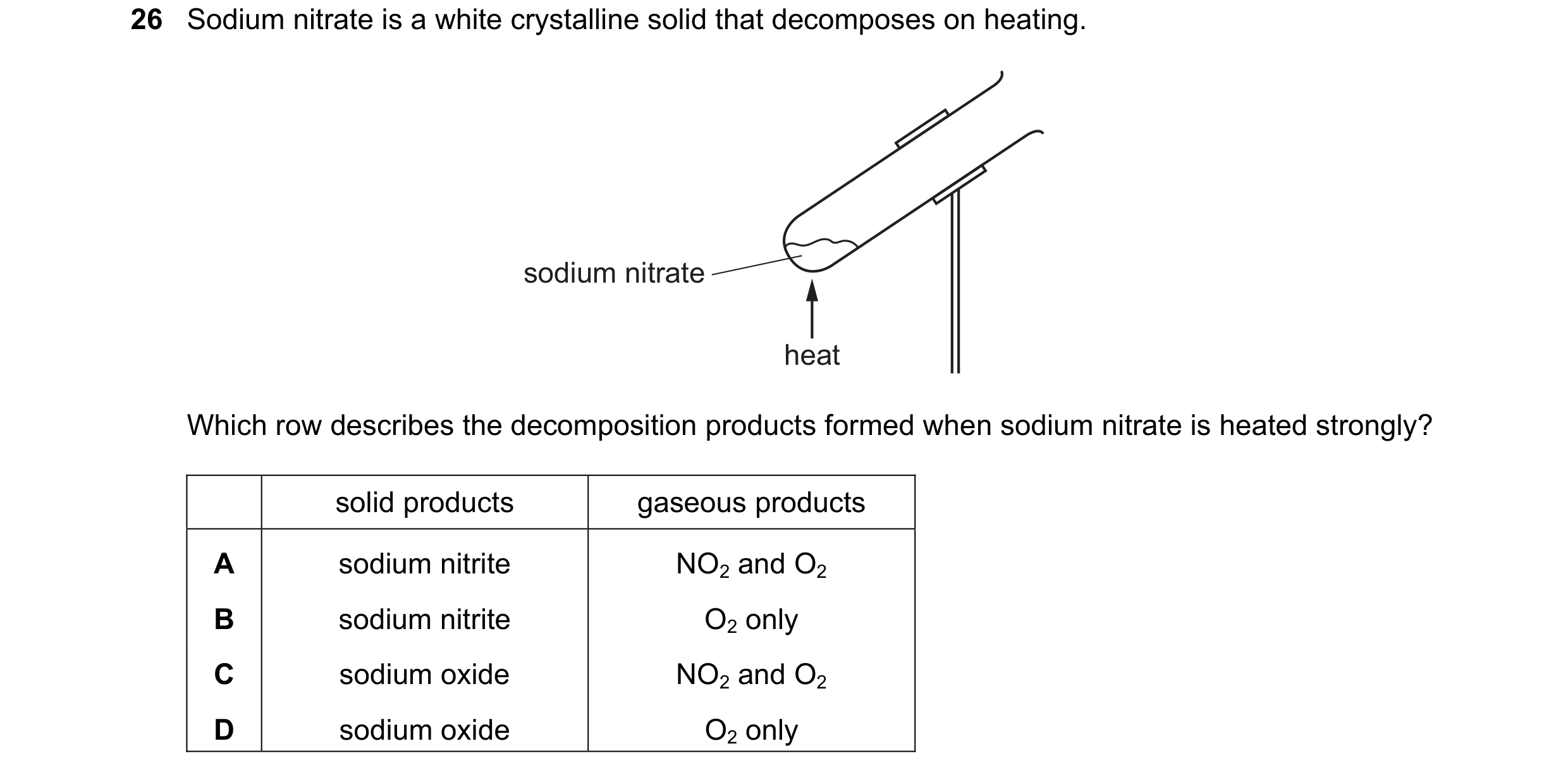 Question 3: Sodium nitrate is a white crystalline solid that decomposes on heating. sodium nitrate heat Which row describes the decomposition products …