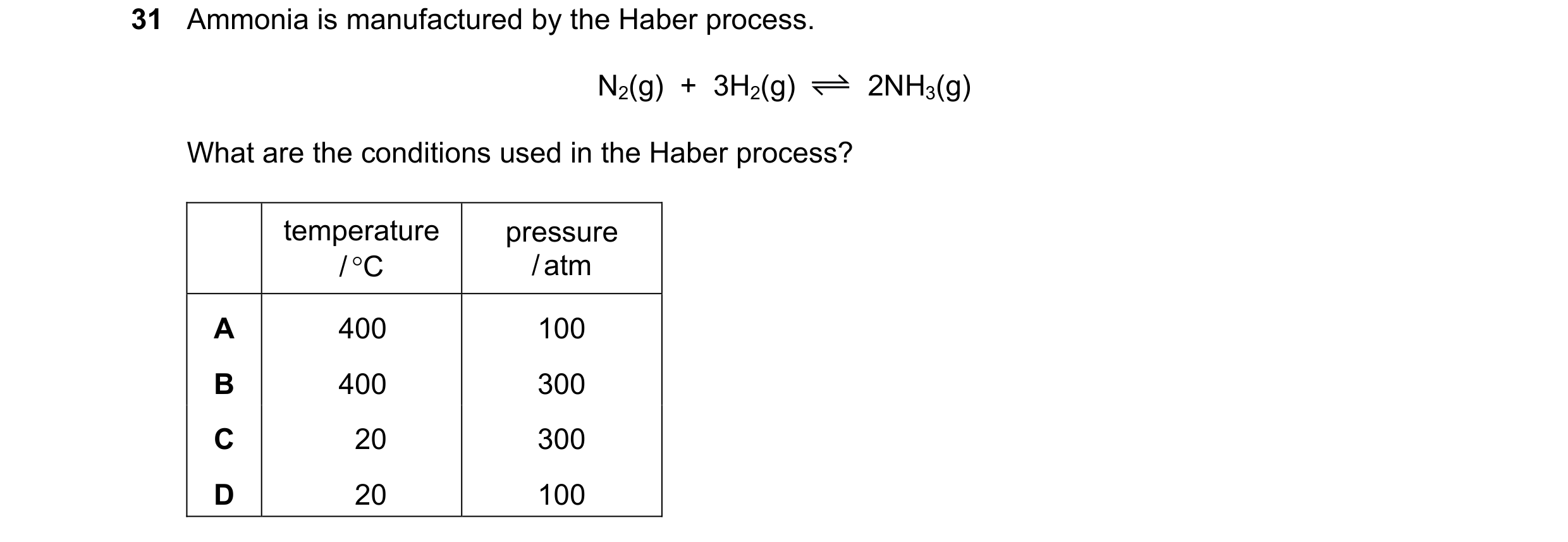 Question 11: Ammonia is manufactured by the Haber process. N2(g) + 3H2(g) 2NH3(g) What are the conditions used in the Haber process? temperature press…