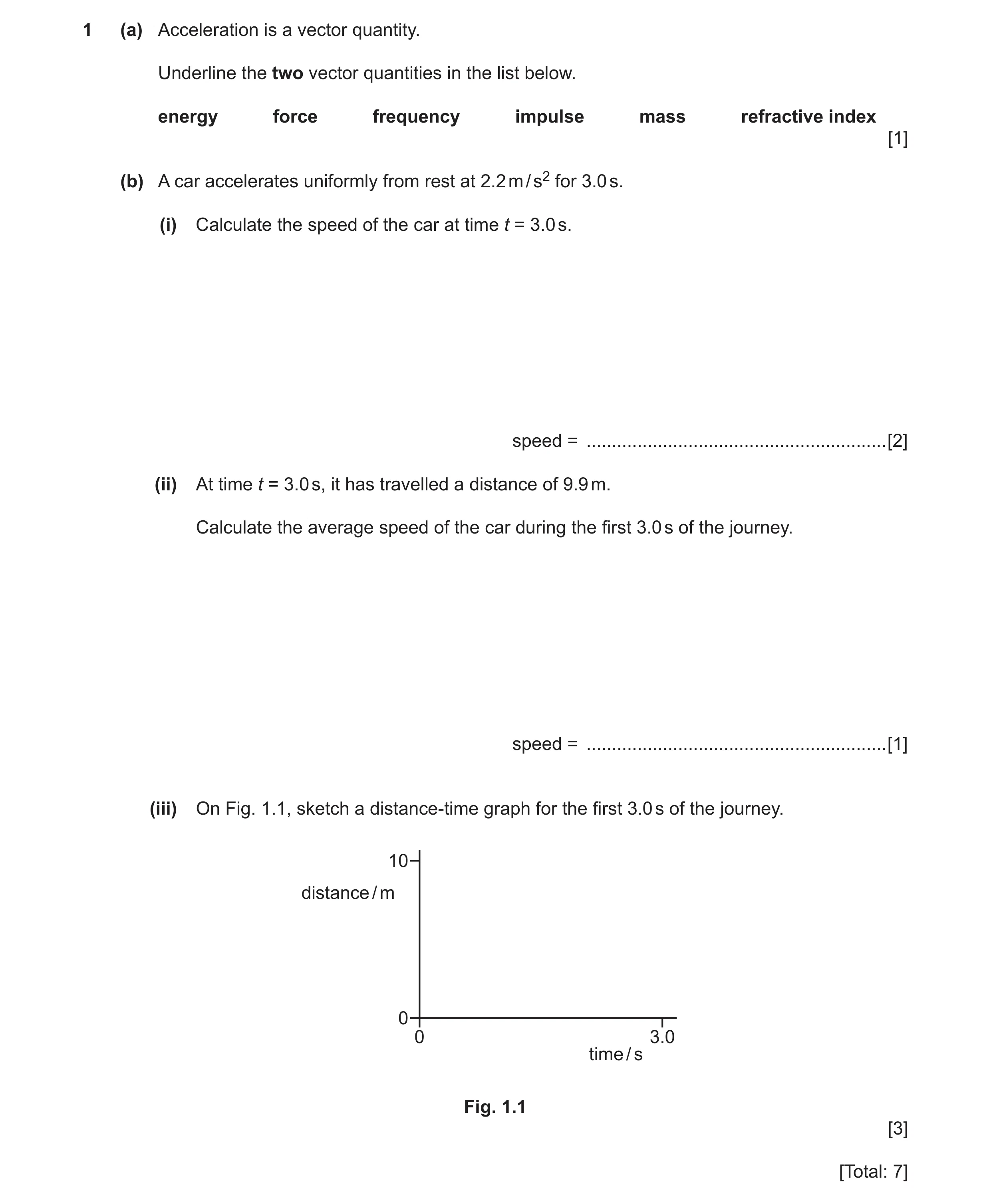 Question 3: (a) Acceleration is a vector quantity. Underline the two vector quantities in the list below. energy force frequency impulse mass refractiv…