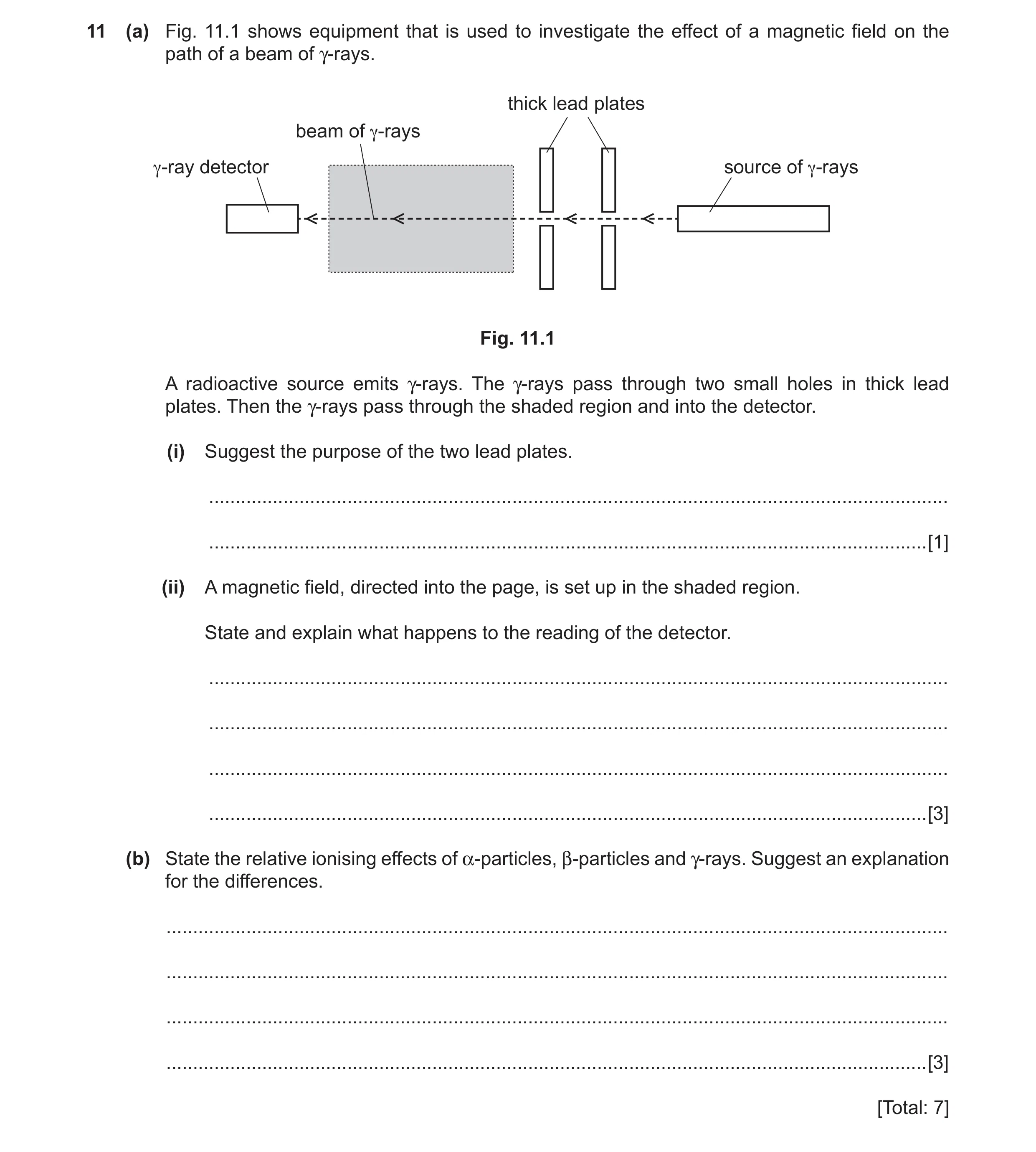 Question 11: (a) Fig. 11.1 shows equipment that is used to investigate the effect of a magnetic field on the path of a beam of γ-rays. thick lead plates…