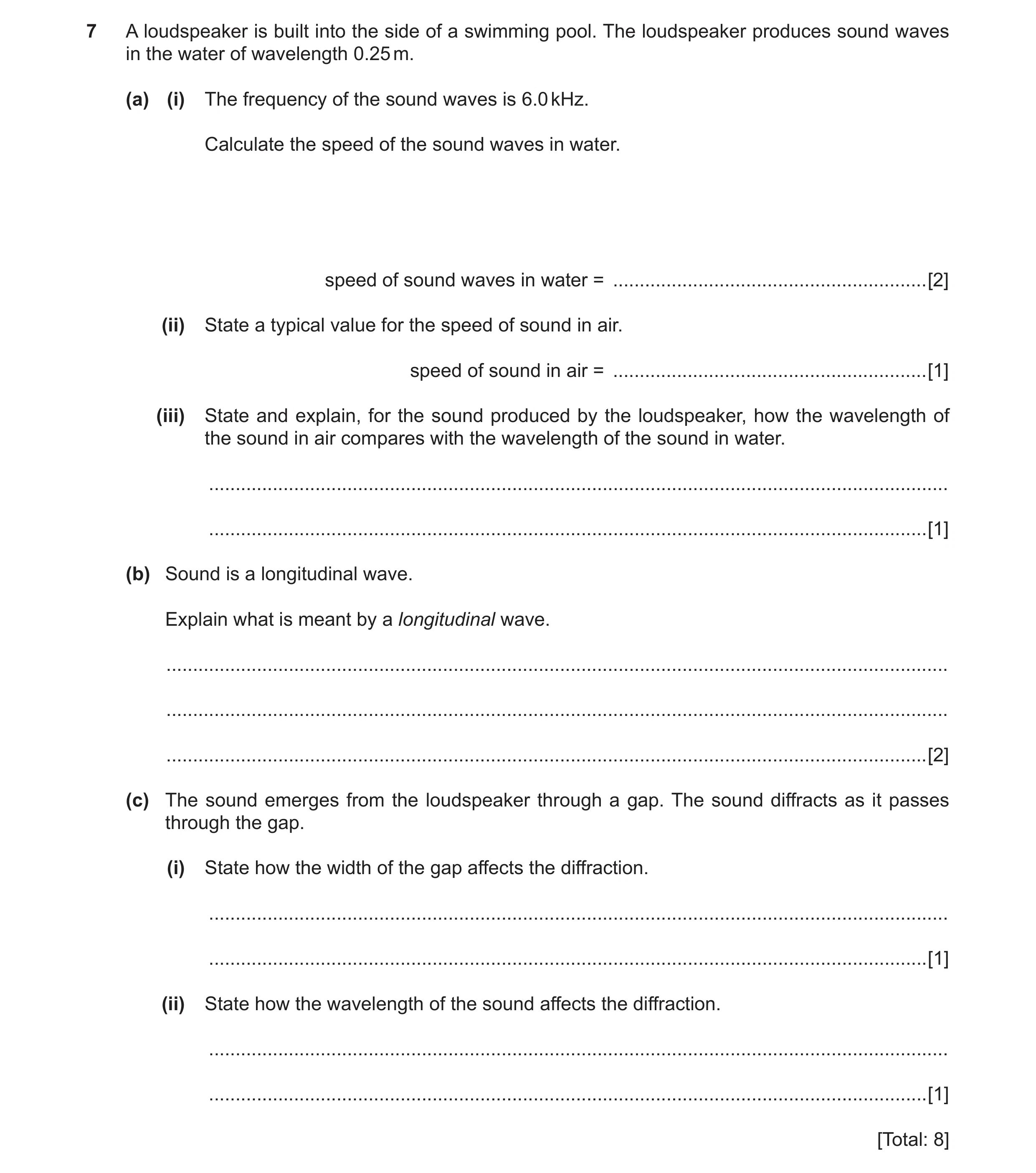 Question 2: A loudspeaker is built into the side of a swimming pool. The loudspeaker produces sound waves in the water of wavelength 0.25 m. (a) (i) Th…
